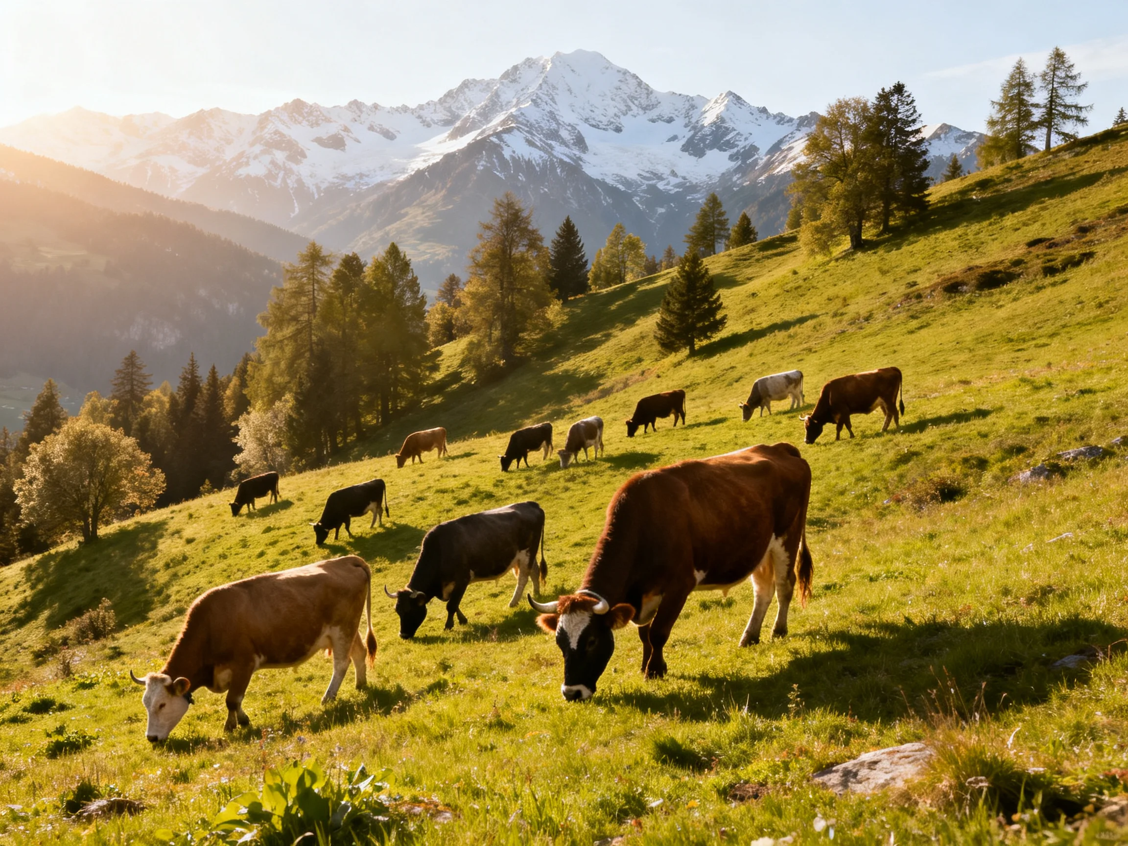 Cows graze on a verdant hillside with majestic snow-capped mountains in the distance.