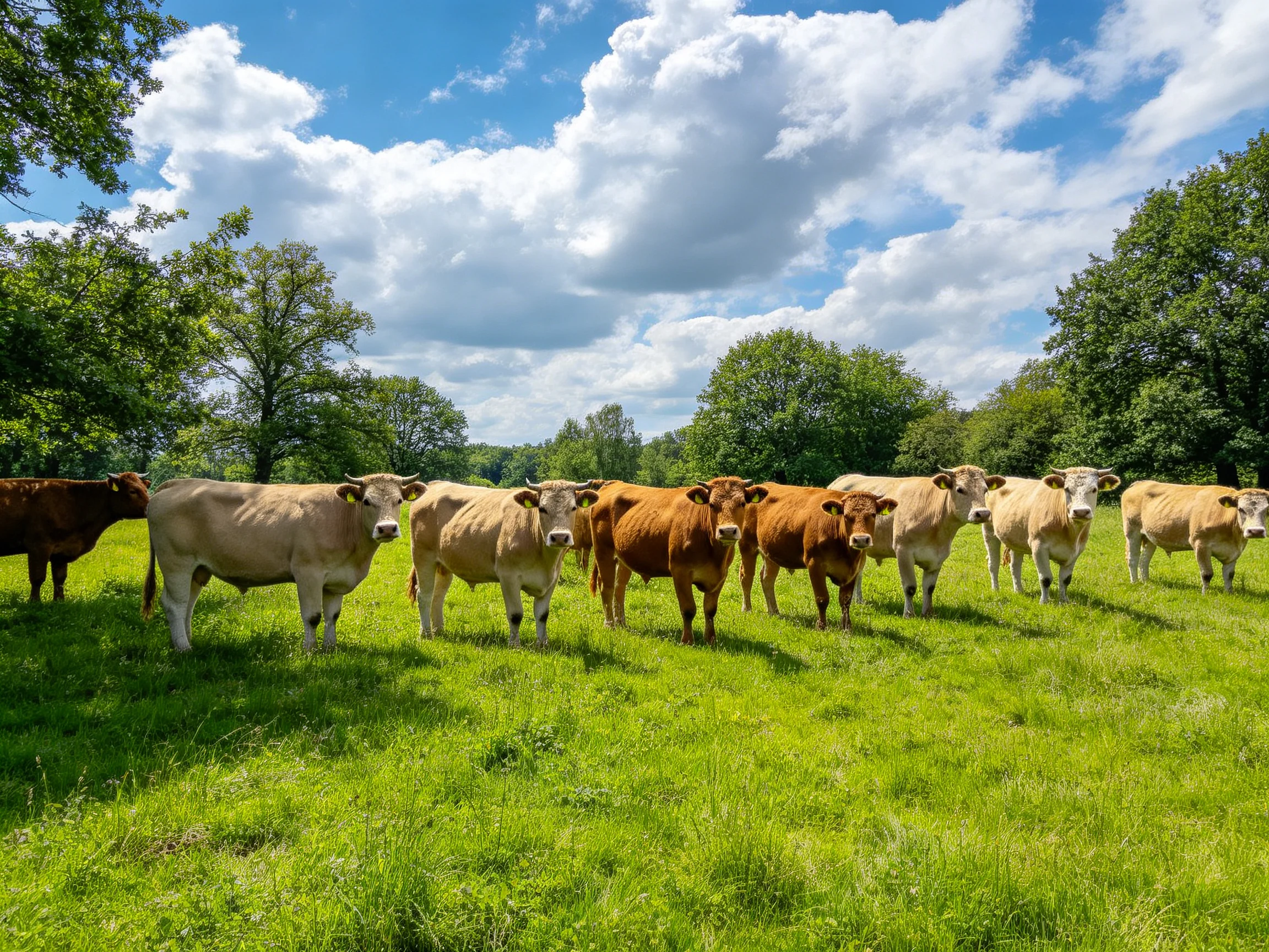 A group of cows in a lush green pasture under bright blue skies