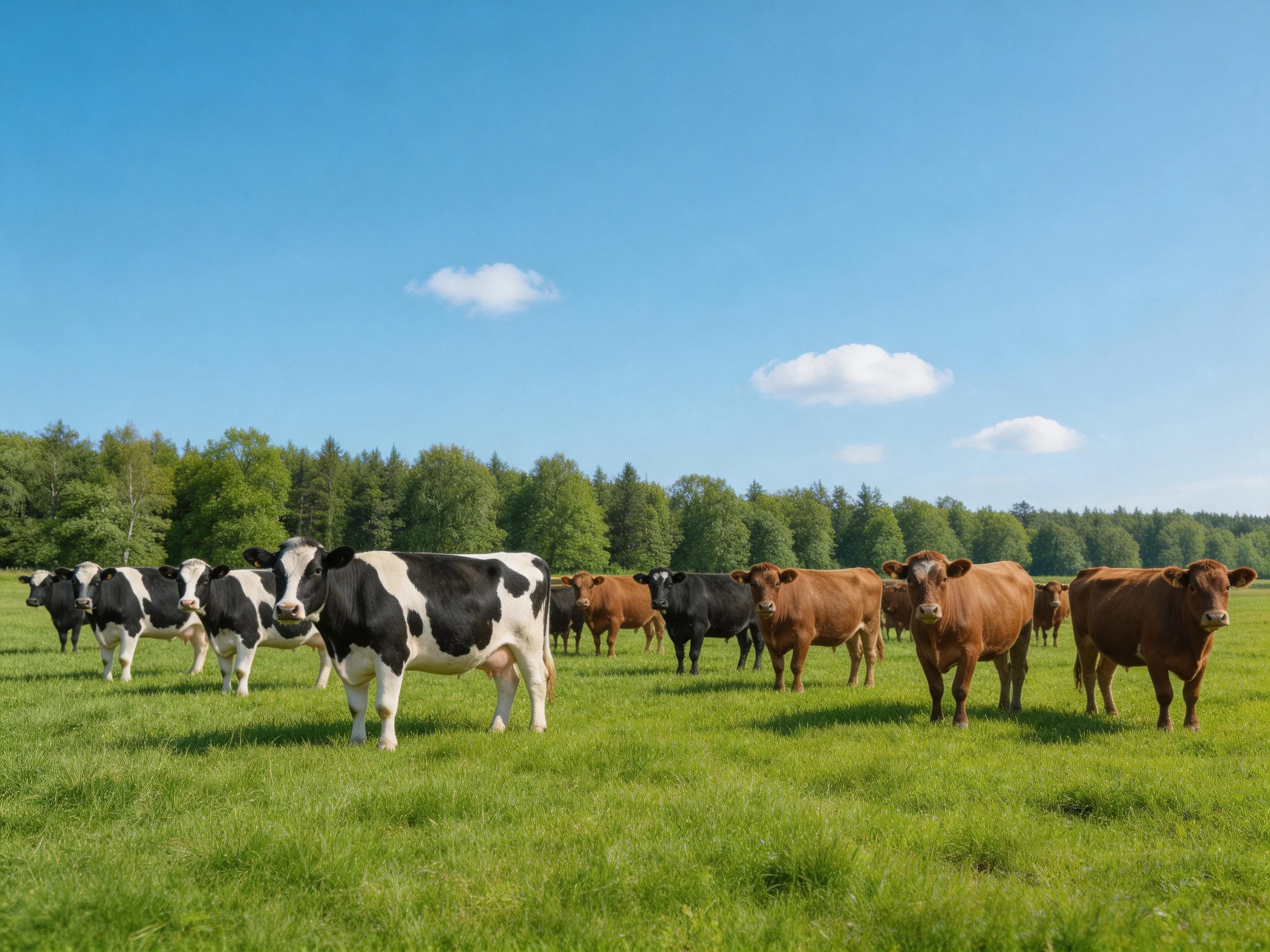 A group of cows in a lush green pasture under bright blue skies