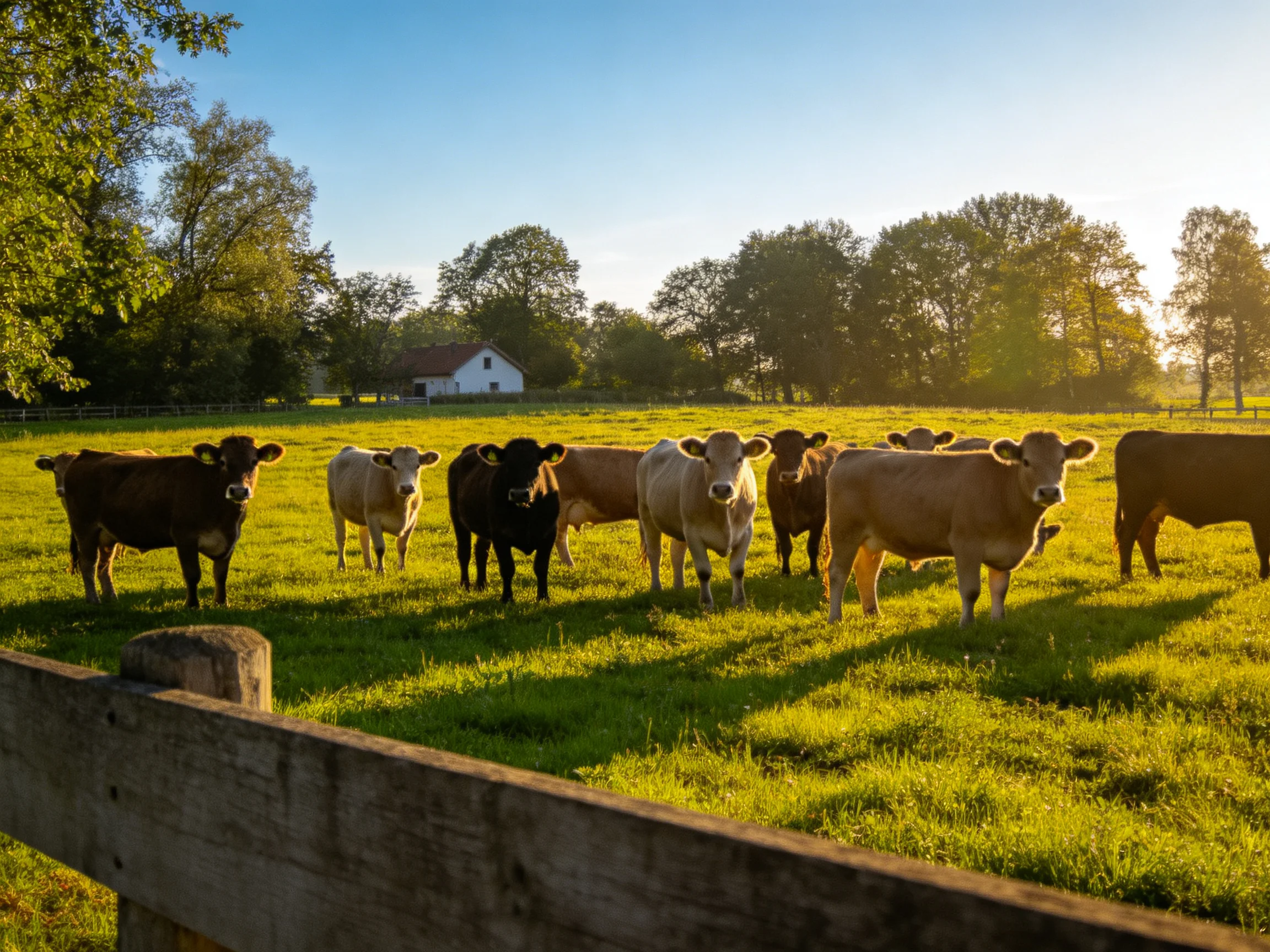 A group of cows in a sun-drenched green pasture near a white farmhouse