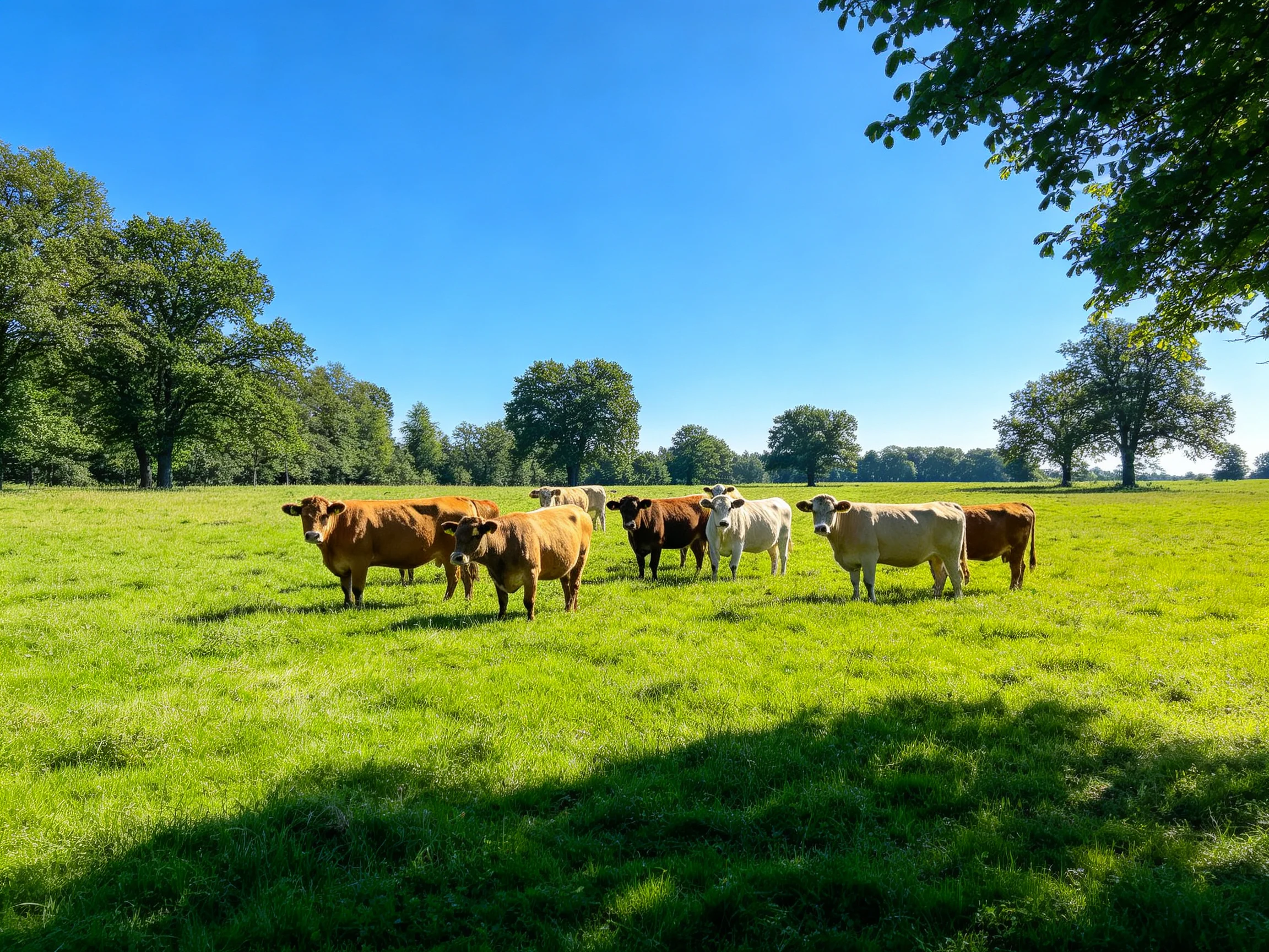 A group of cows in a vibrant green pasture with tall trees and bright blue sky