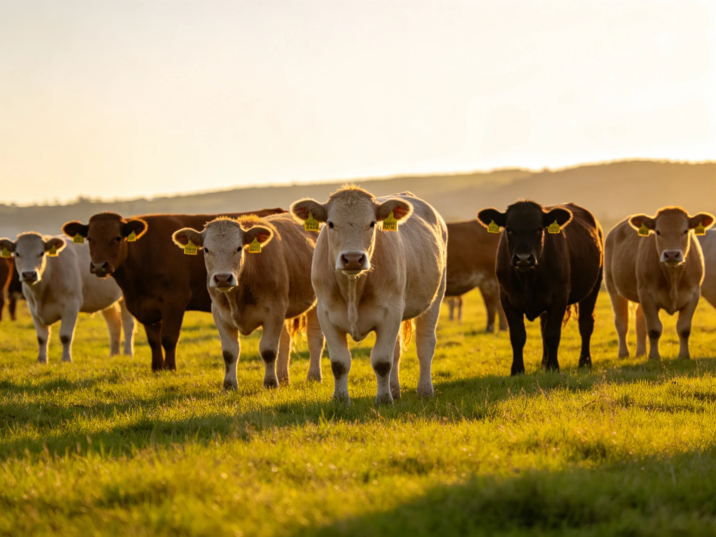 A group of cows in brown, black, and tan hues grazing in a sunlit field