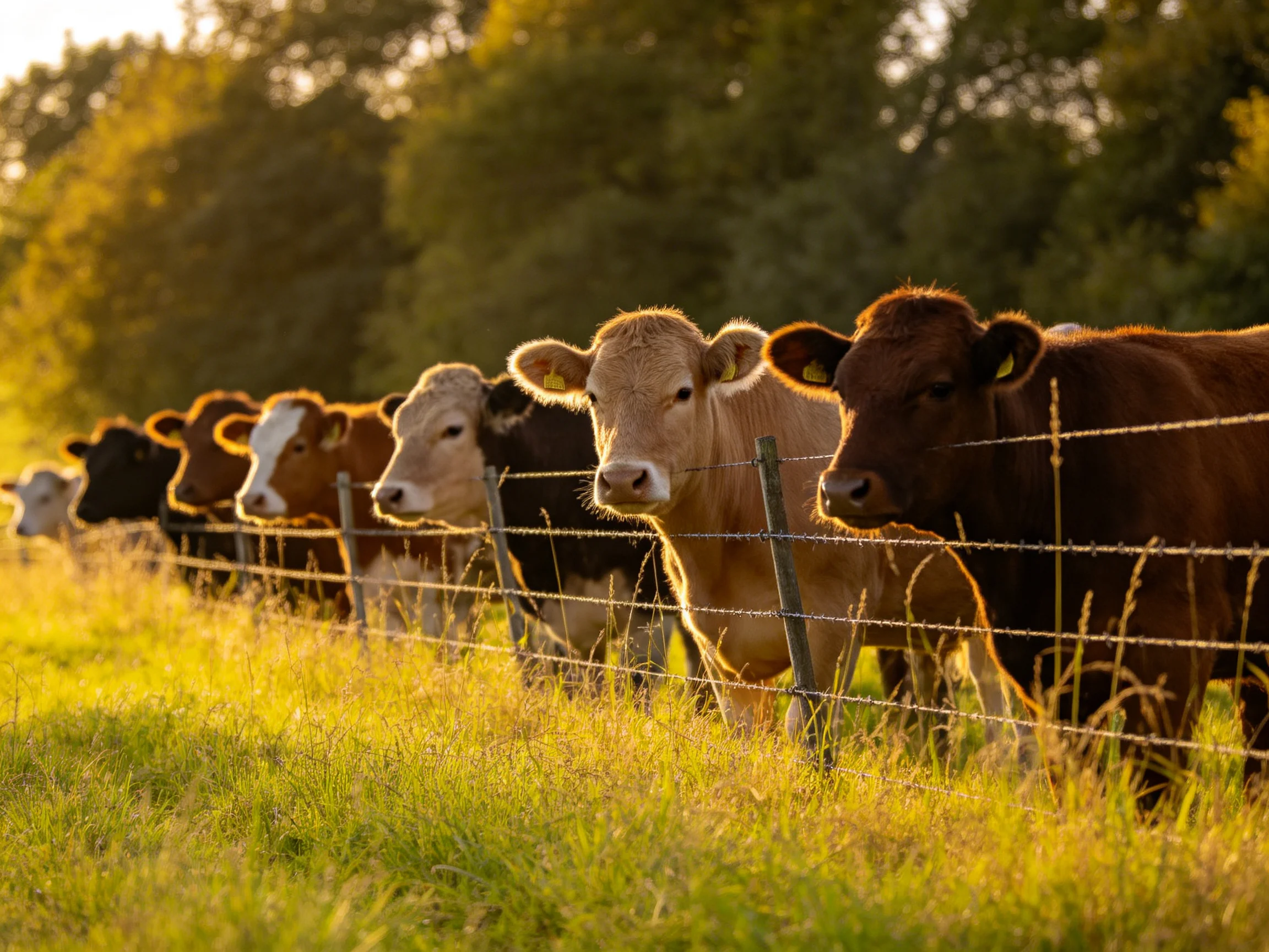 A group of cows near a barbed-wire fence in golden light