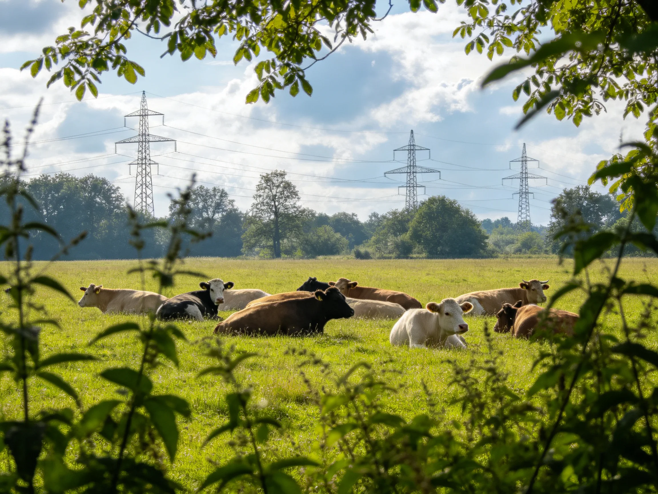 A group of cows resting in a lush green meadow near tall power towers