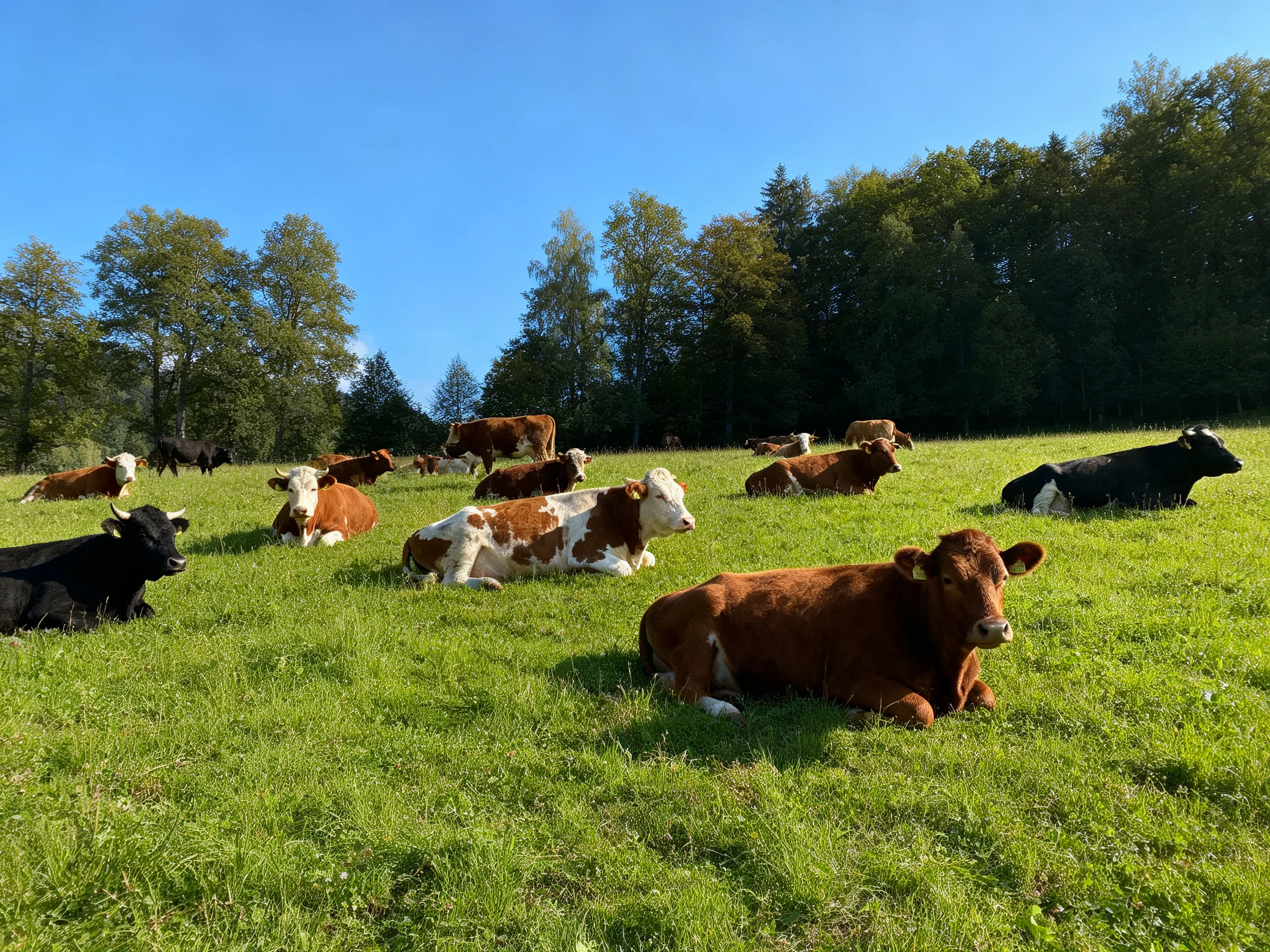 A group of cows resting in a lush green pasture near trees