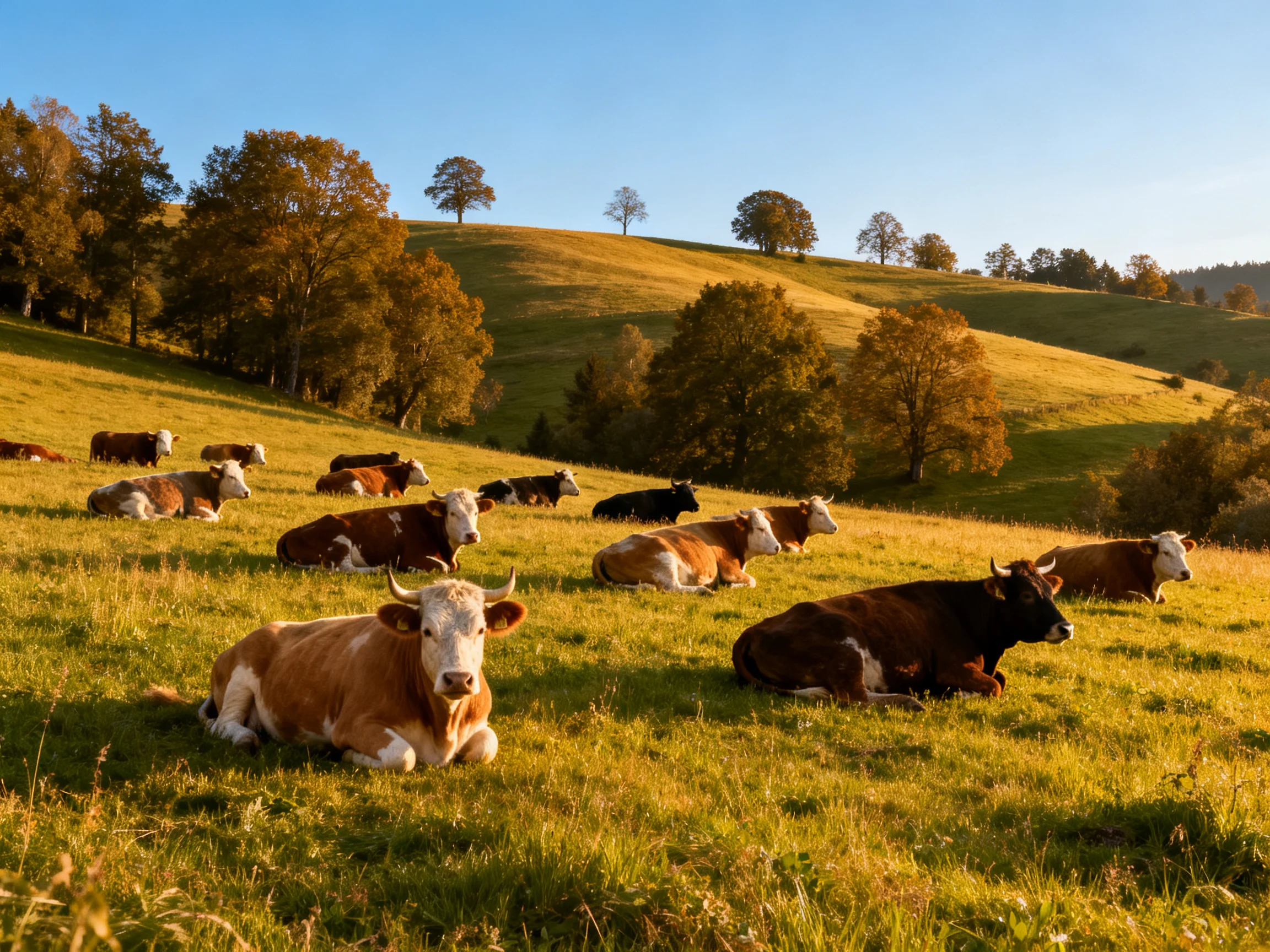 A group of cows rests in a golden meadow with rolling hills