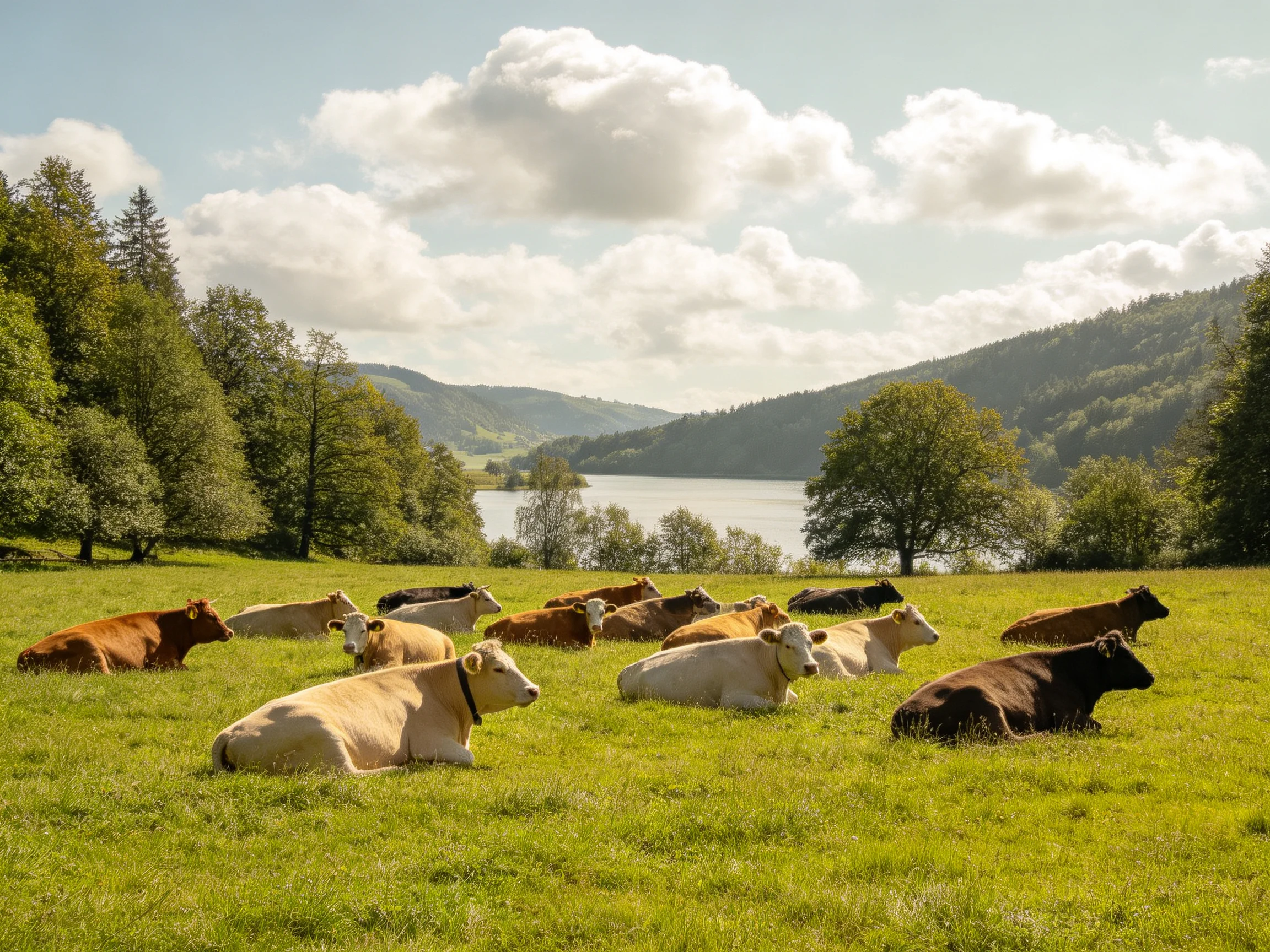 A group of cows rests in a lush meadow near a tranquil lake