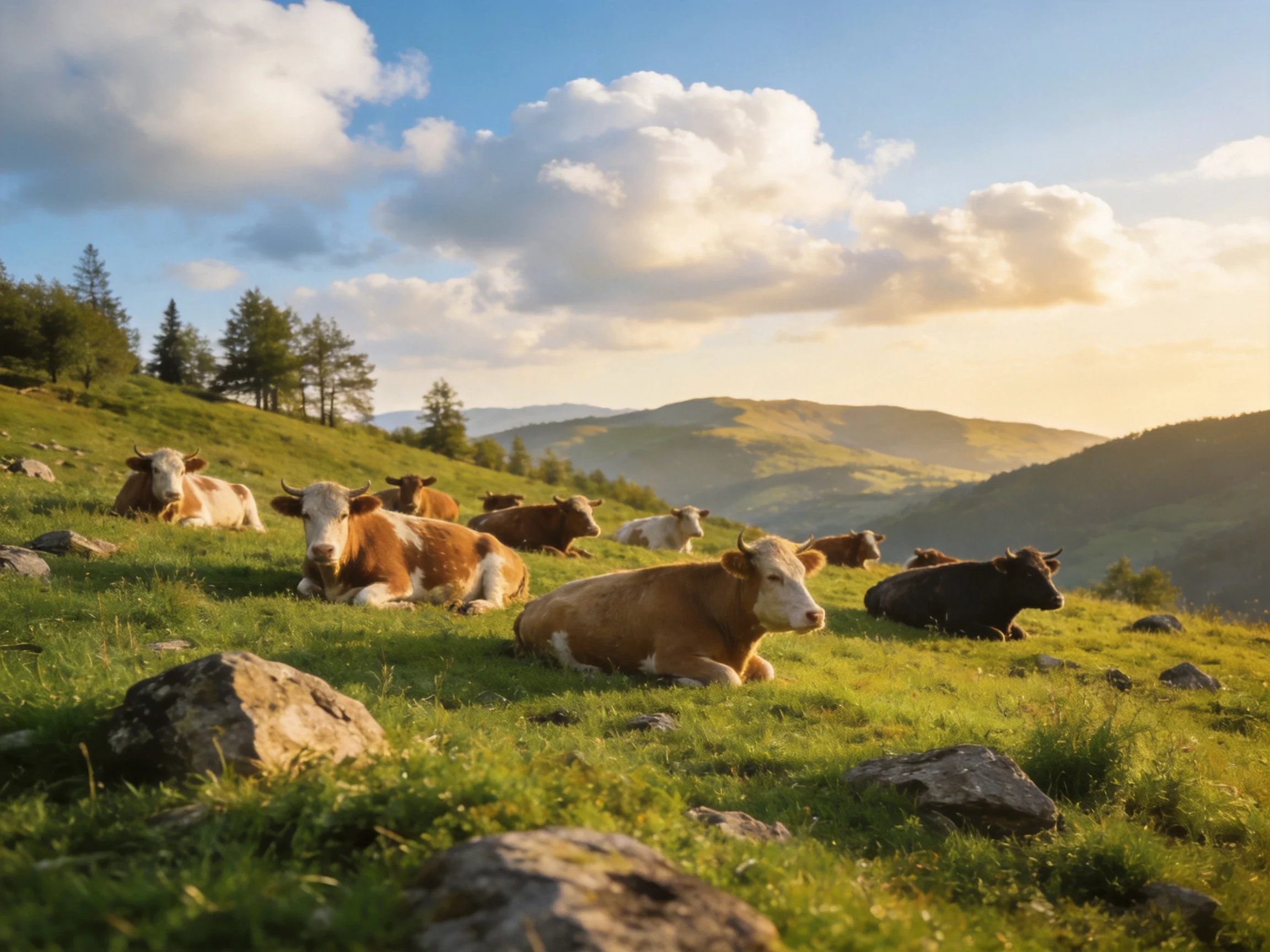 Cows rest peacefully on a grassy hillside surrounded by mountains.