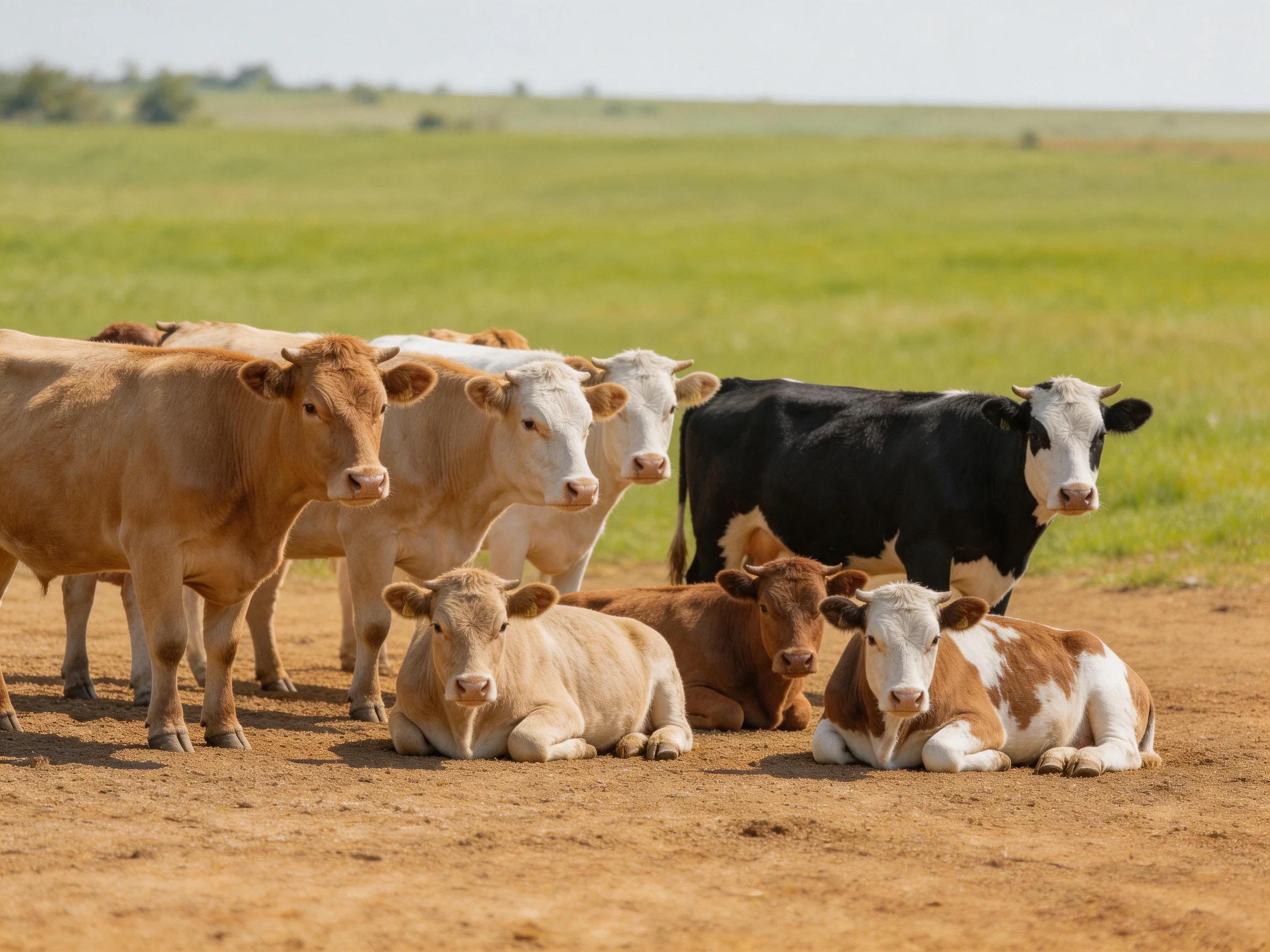 Cows of varied colors rest and stand together in a sunlit field.