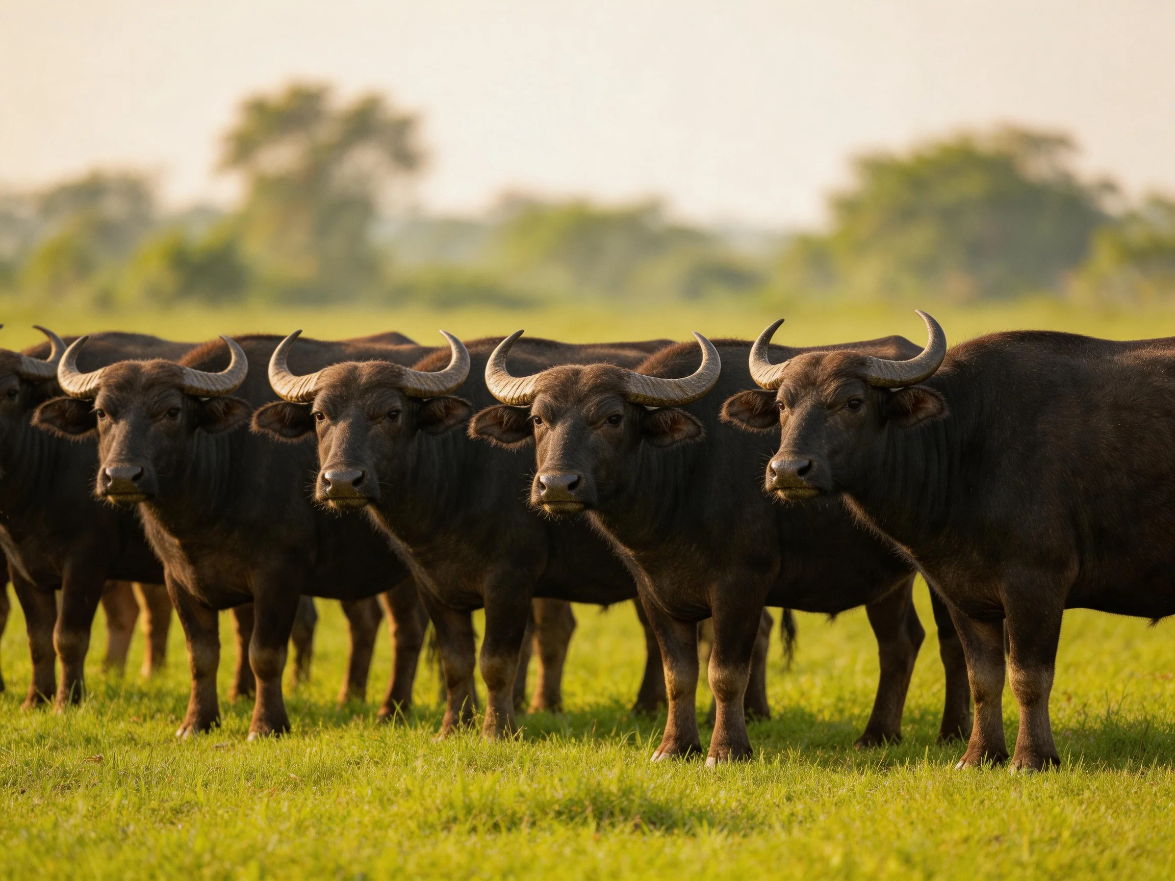 A group of dark brown buffaloes standing in a lush green field