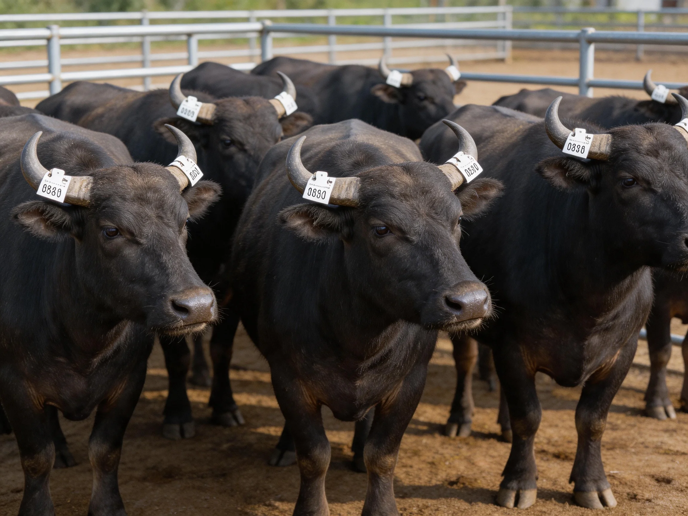 A group of dark brown buffaloes with numbered ear tags in an enclosure