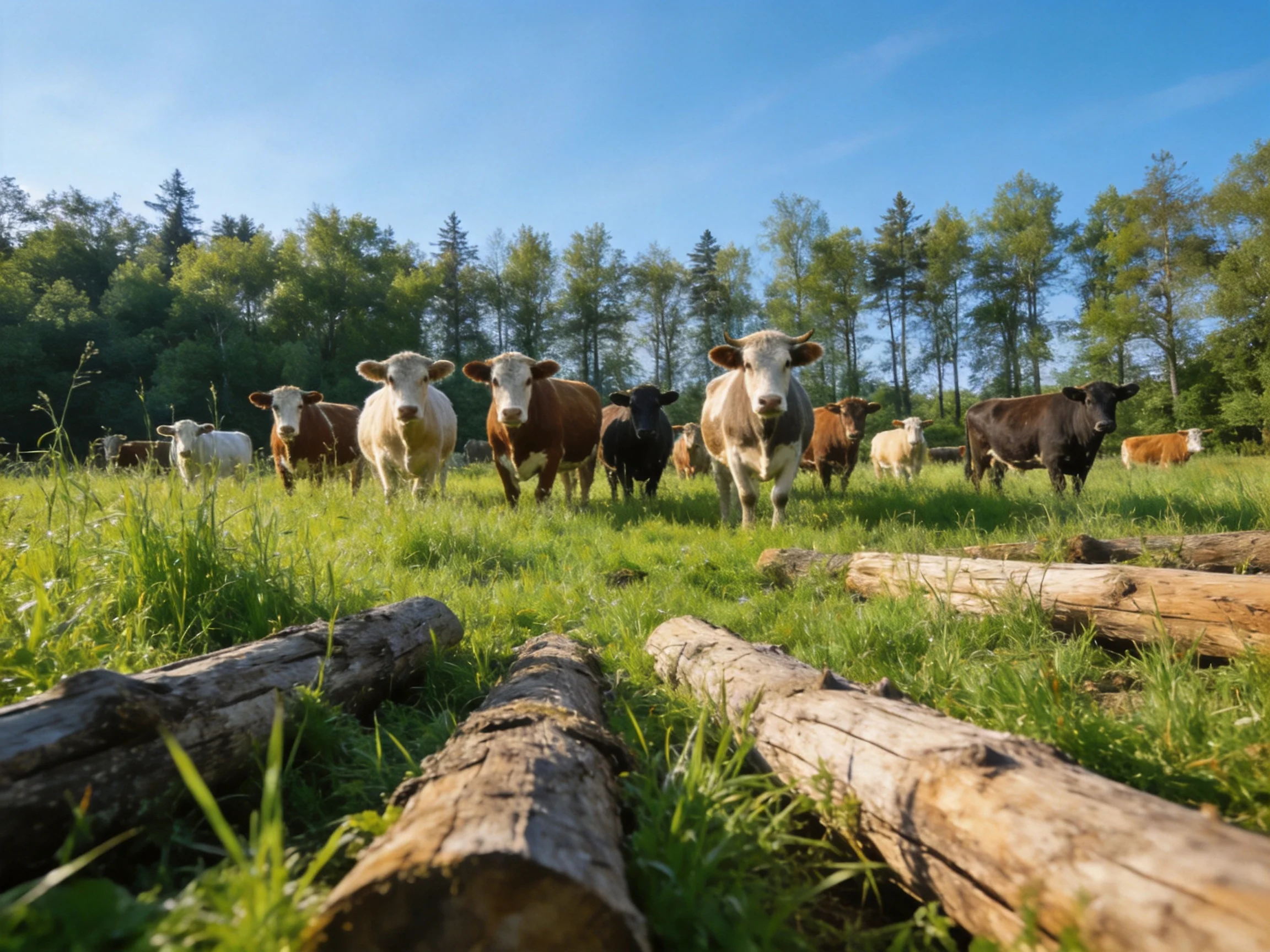 A group of diverse cows in a lush green pasture near wooden logs