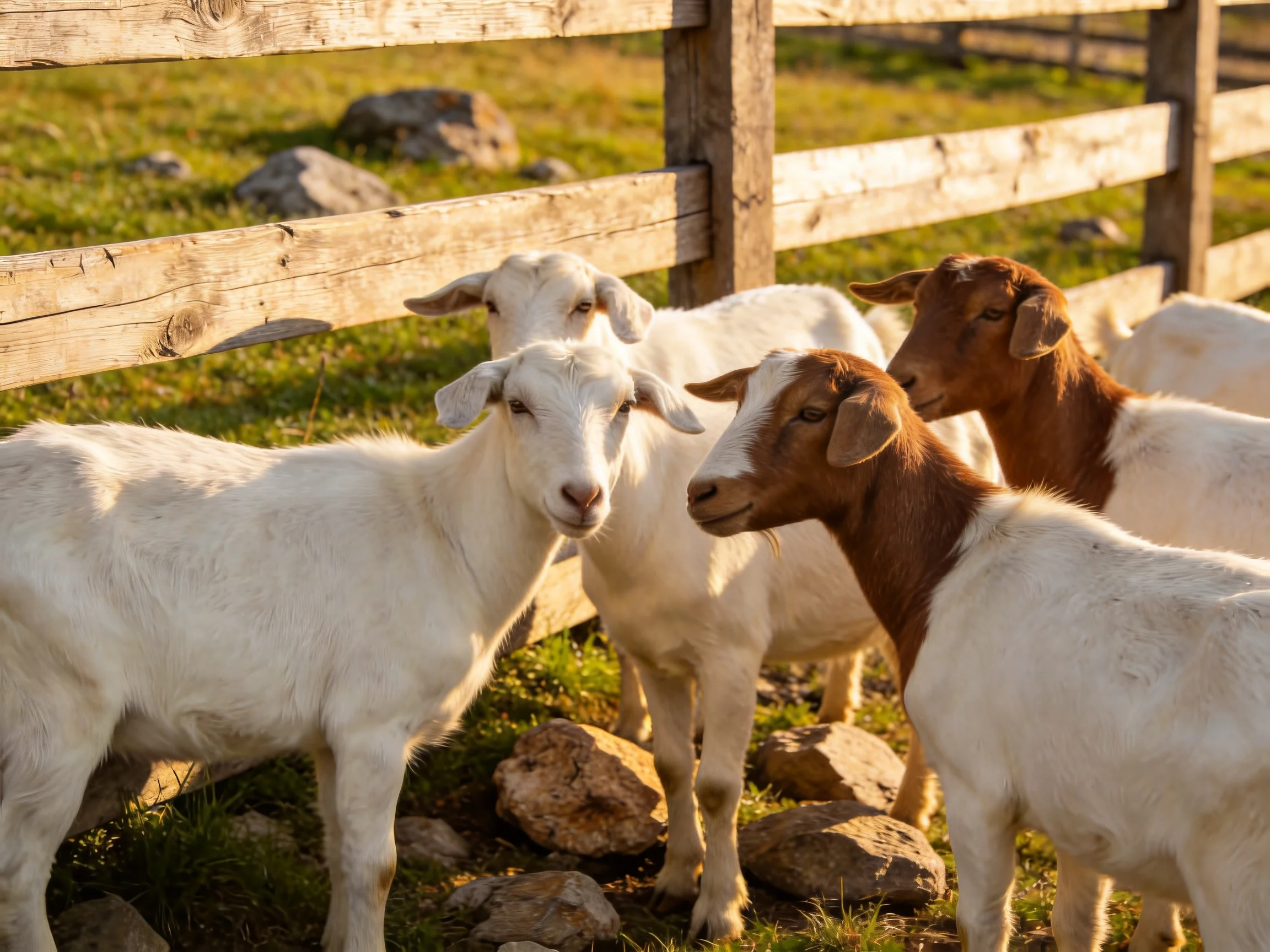 A group of goats, white and brown, gathers by a wooden fence