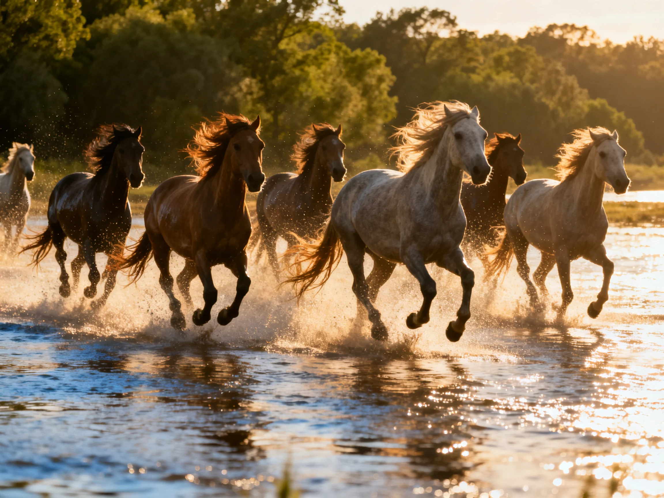 A group of horses with varied coats gallops through shallow water at golden hour