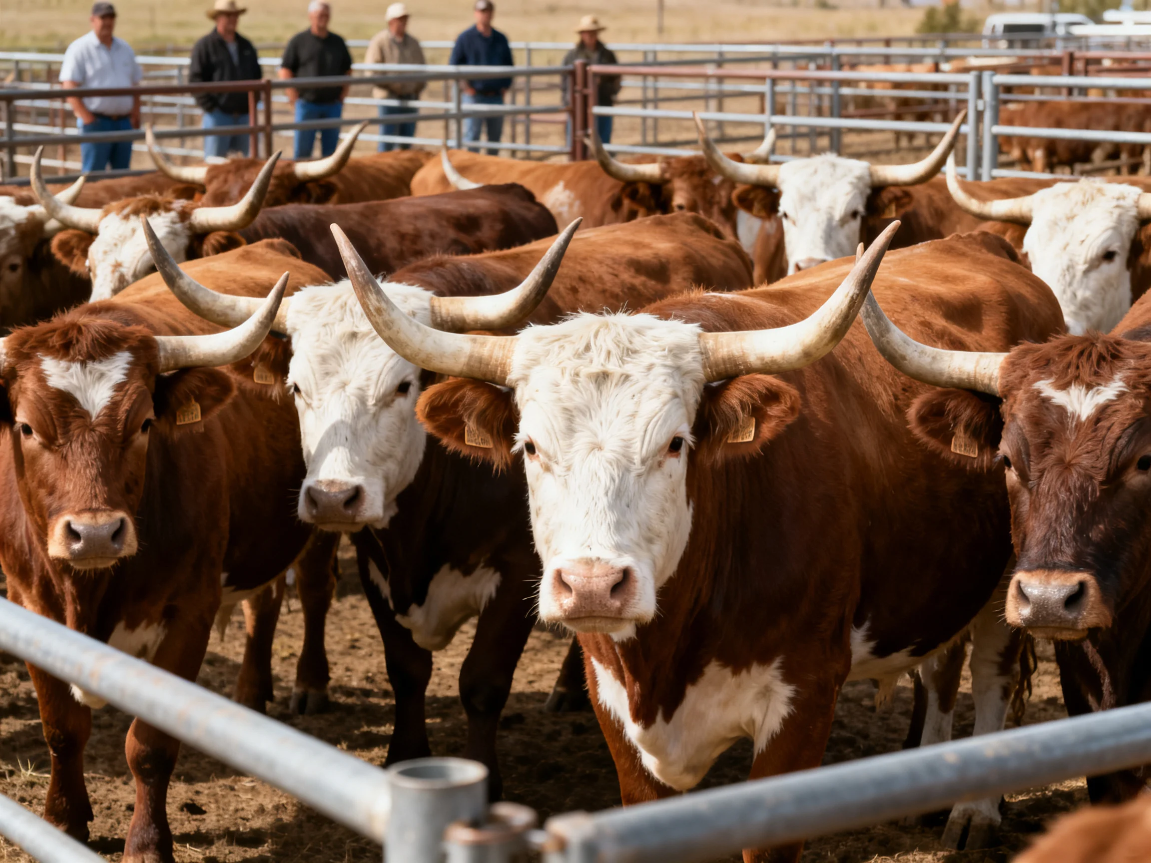 A group of long-horned brown and white cattle in a fenced enclosure