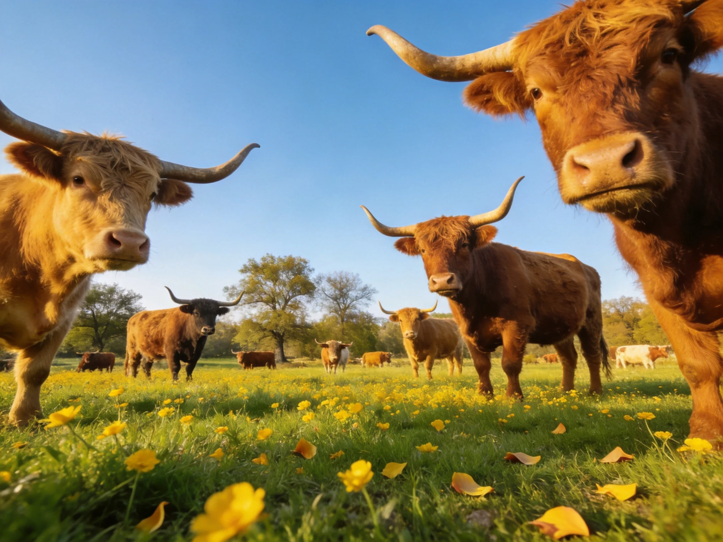 A group of long-horned cattle grazing in a flower-filled meadow