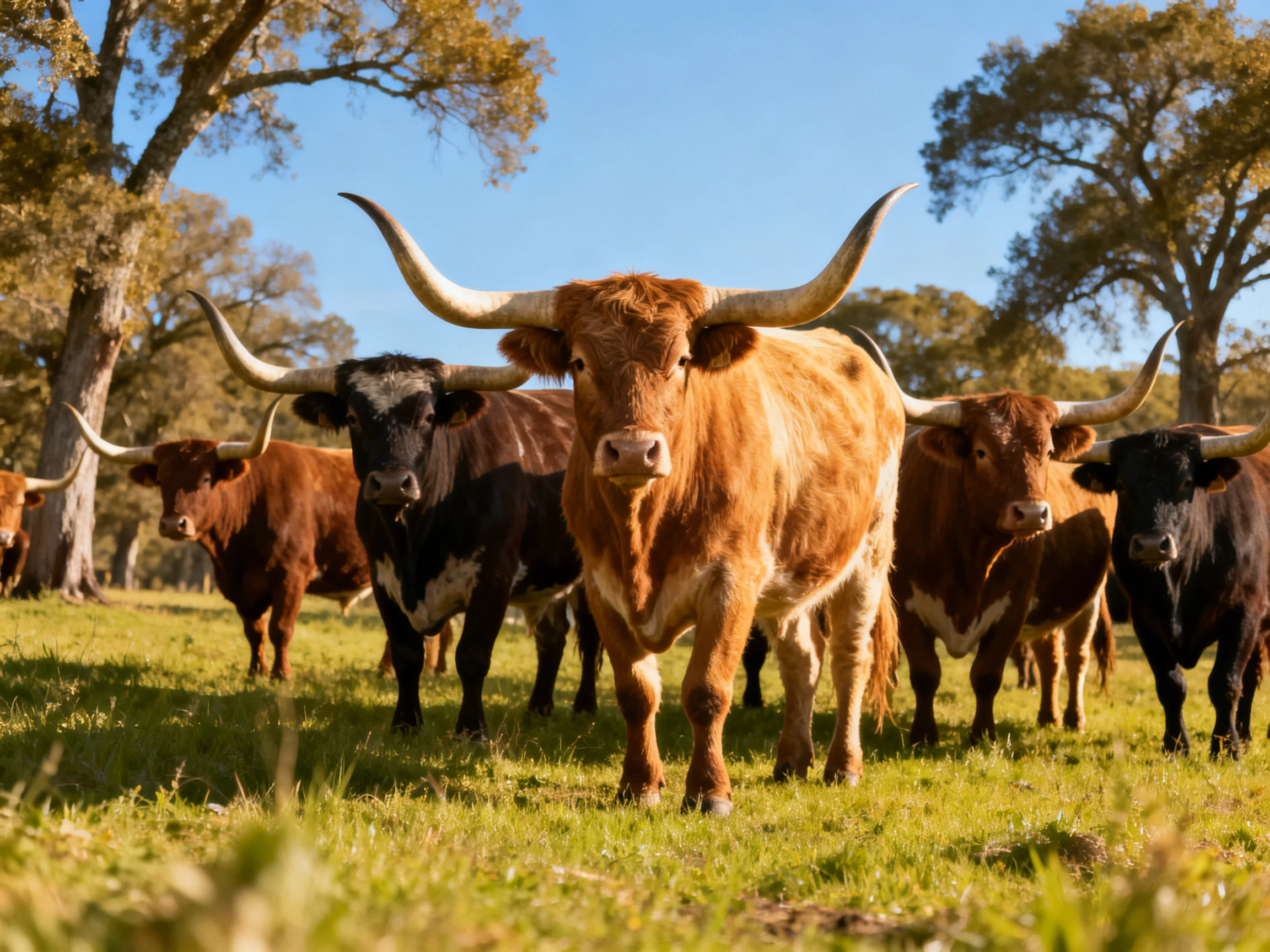 A group of long-horned cattle in a sunlit green pasture
