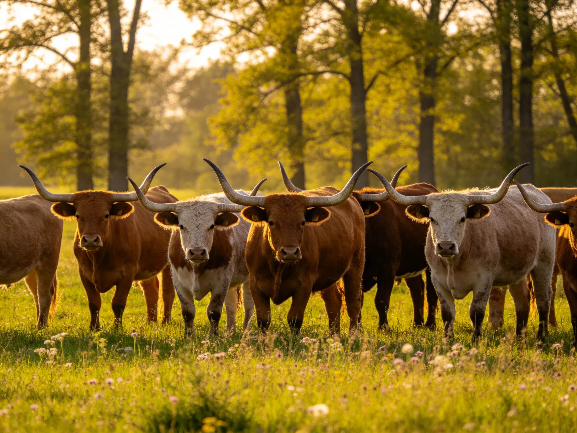 A group of longhorn cattle gathers in a sunlit meadow near tall trees