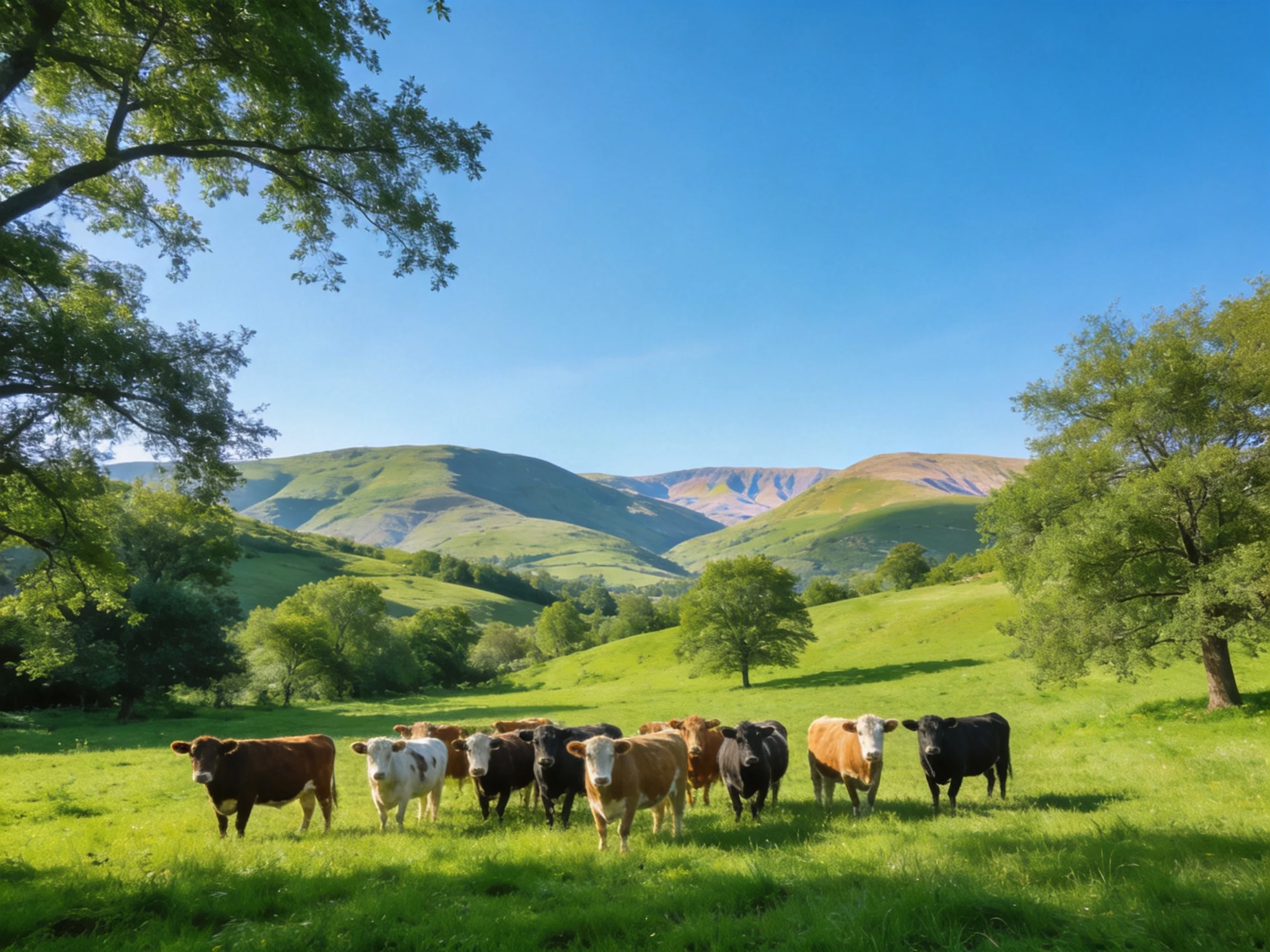 A group of multicolored cattle in a lush green pasture with rolling hills