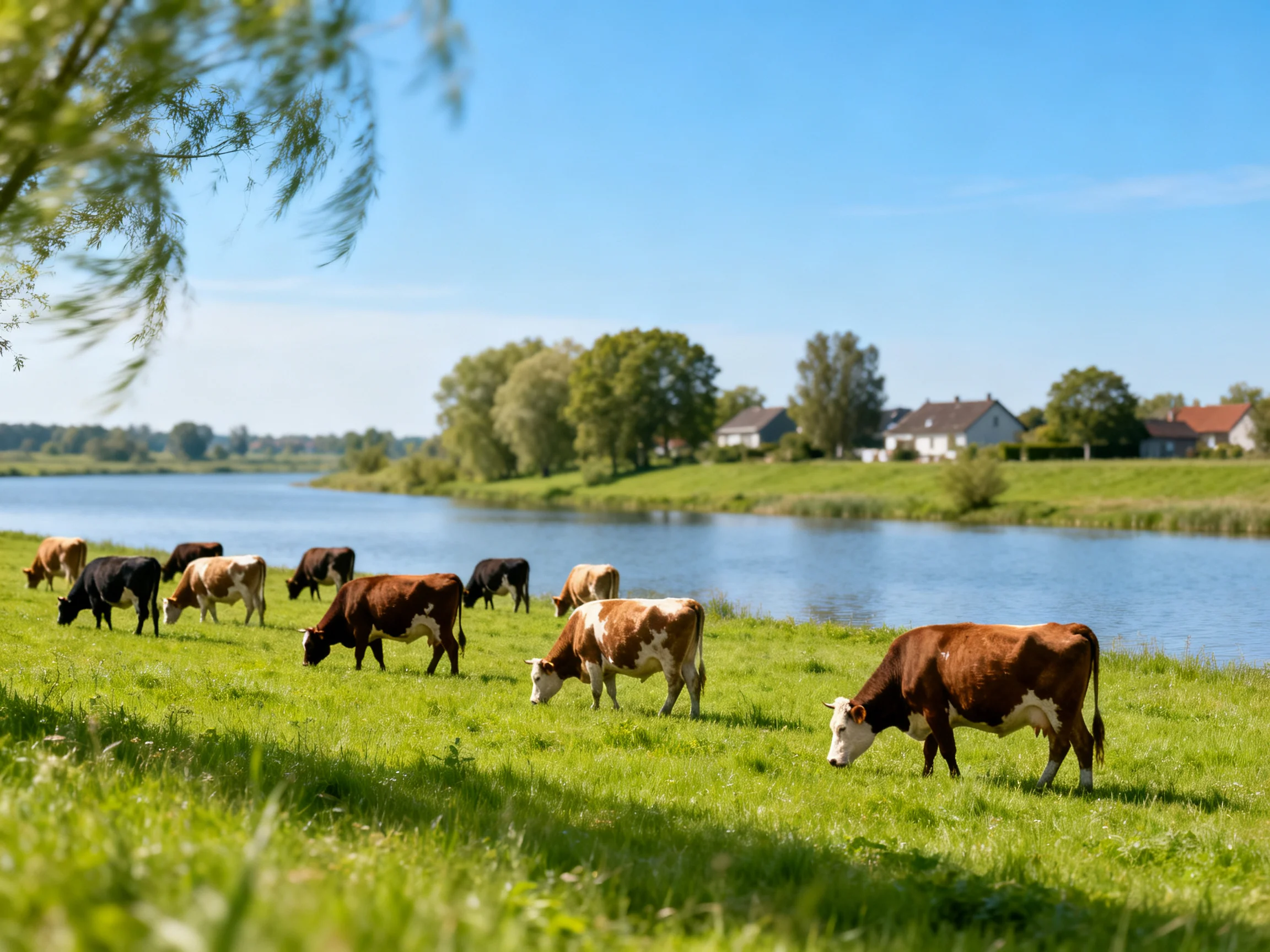 A group of multicolored cows graze near a calm blue river with distant homes