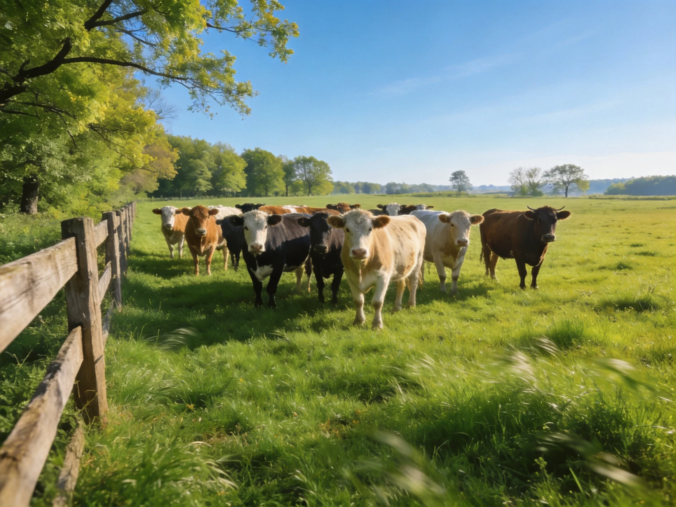 A group of multicolored cows in a lush green pasture near a wooden fence