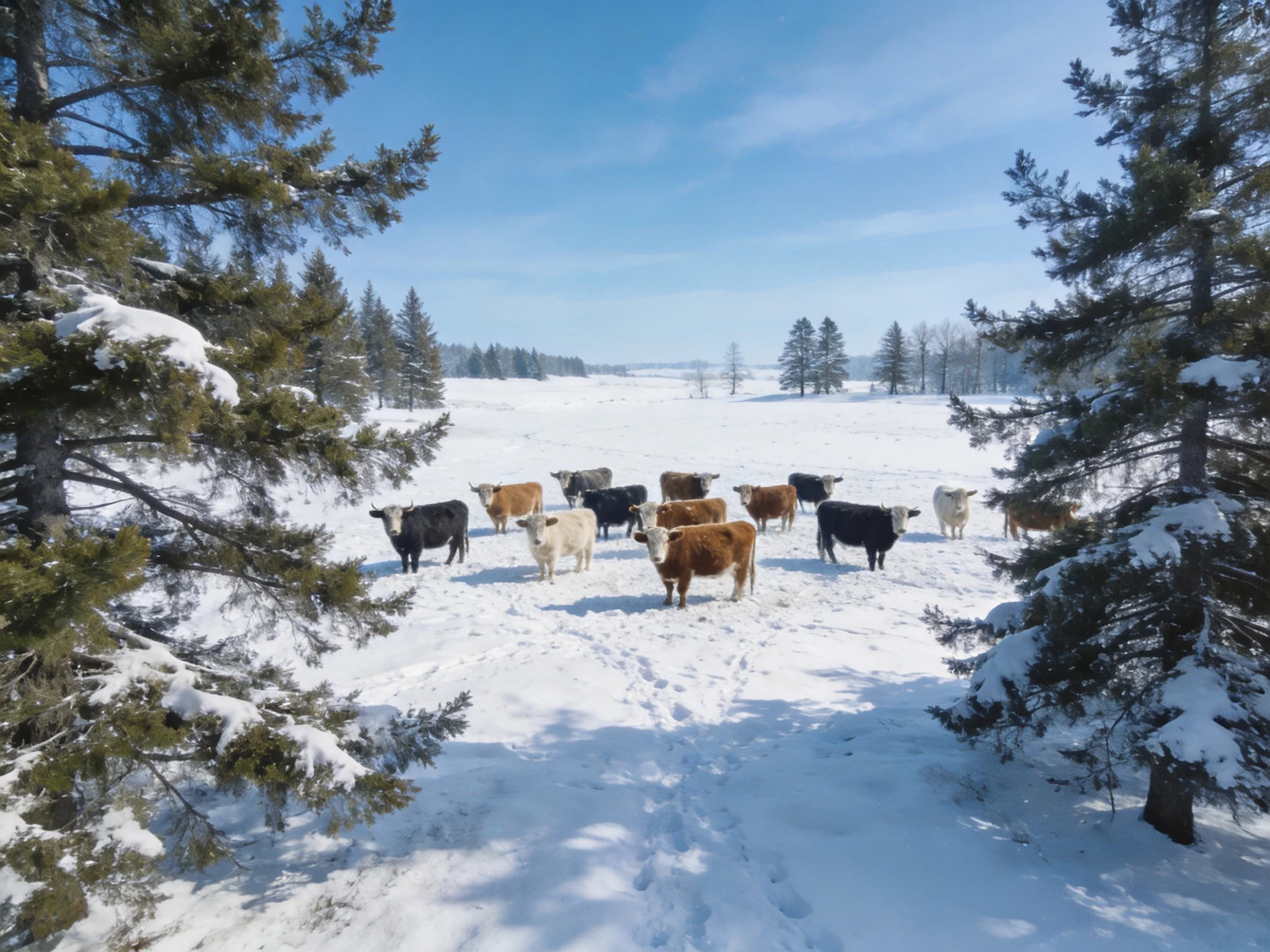 A group of multicolored cows in a snow-covered field near evergreen trees