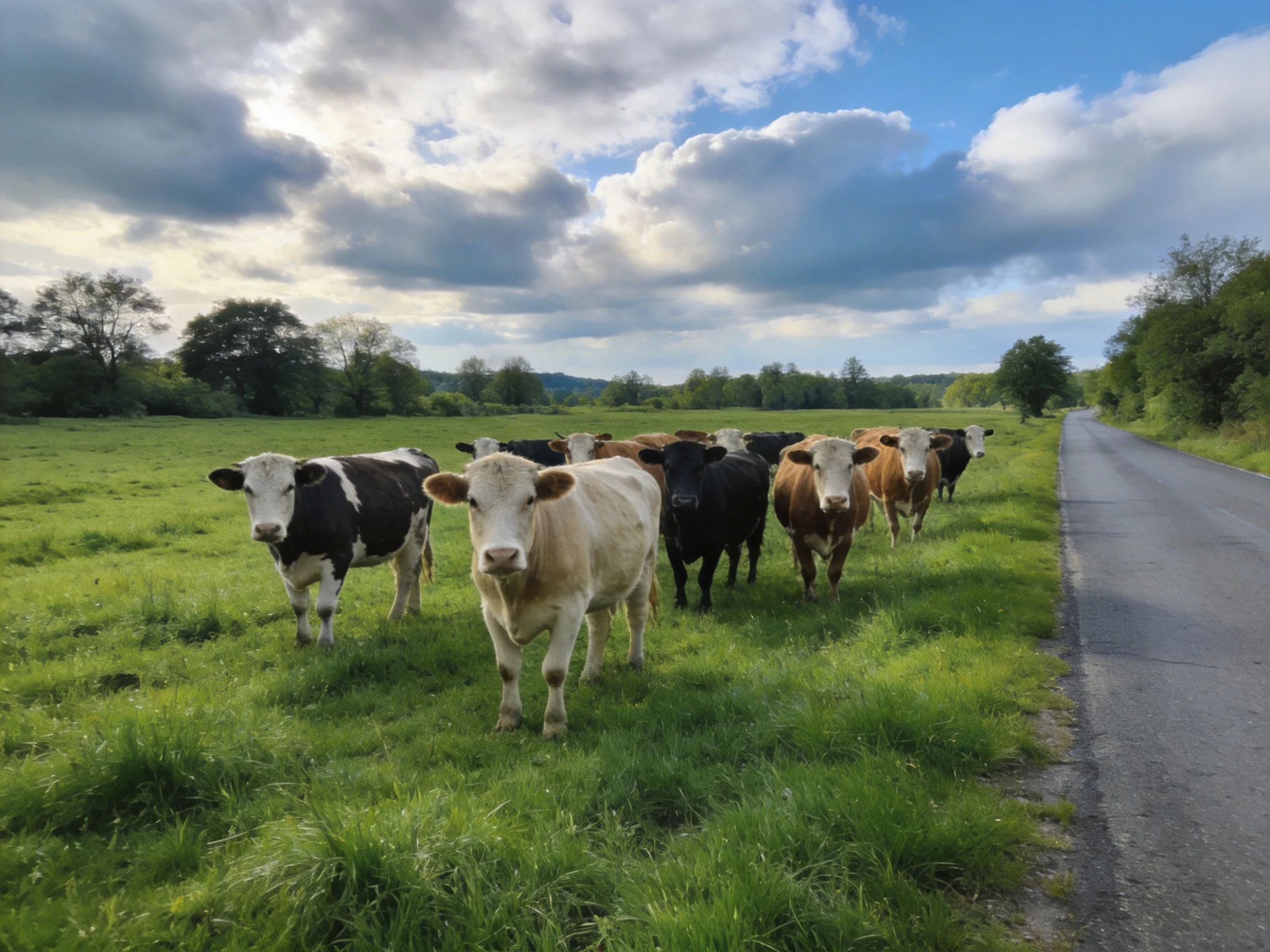A group of multicolored cows near a paved road in a green pasture