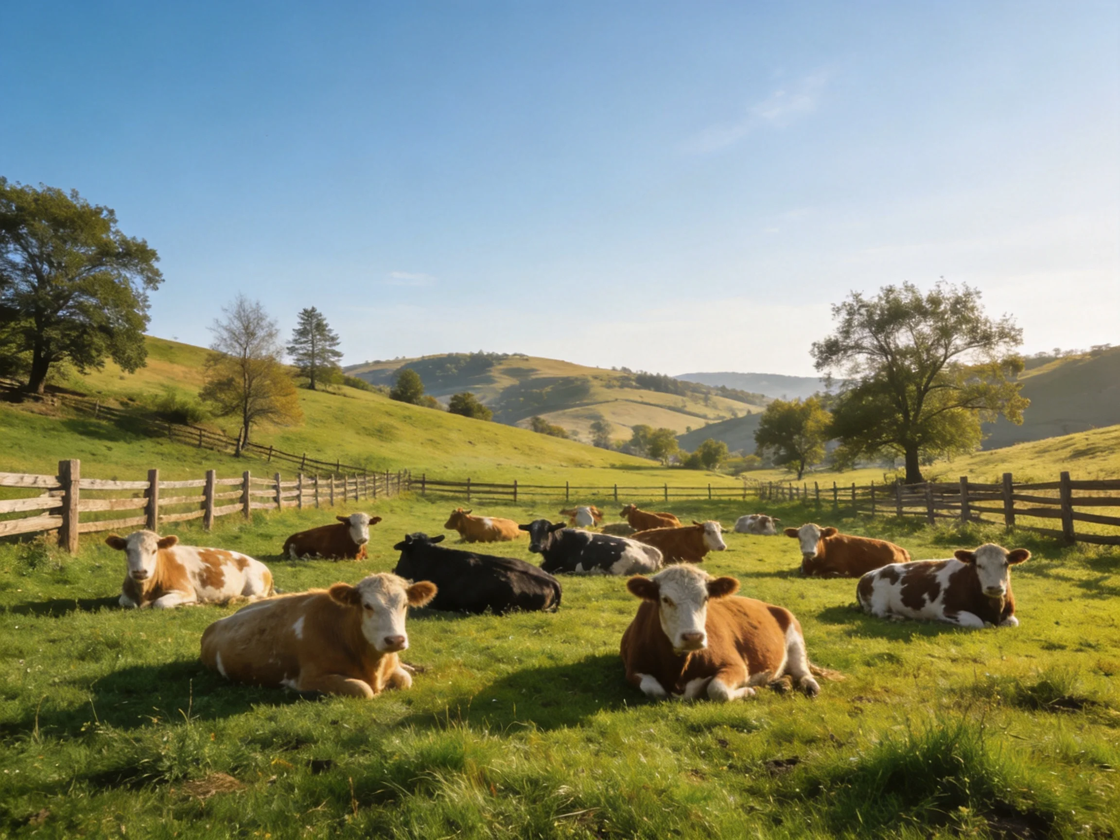 A group of multicolored cows rests in a sunlit green pasture with hills