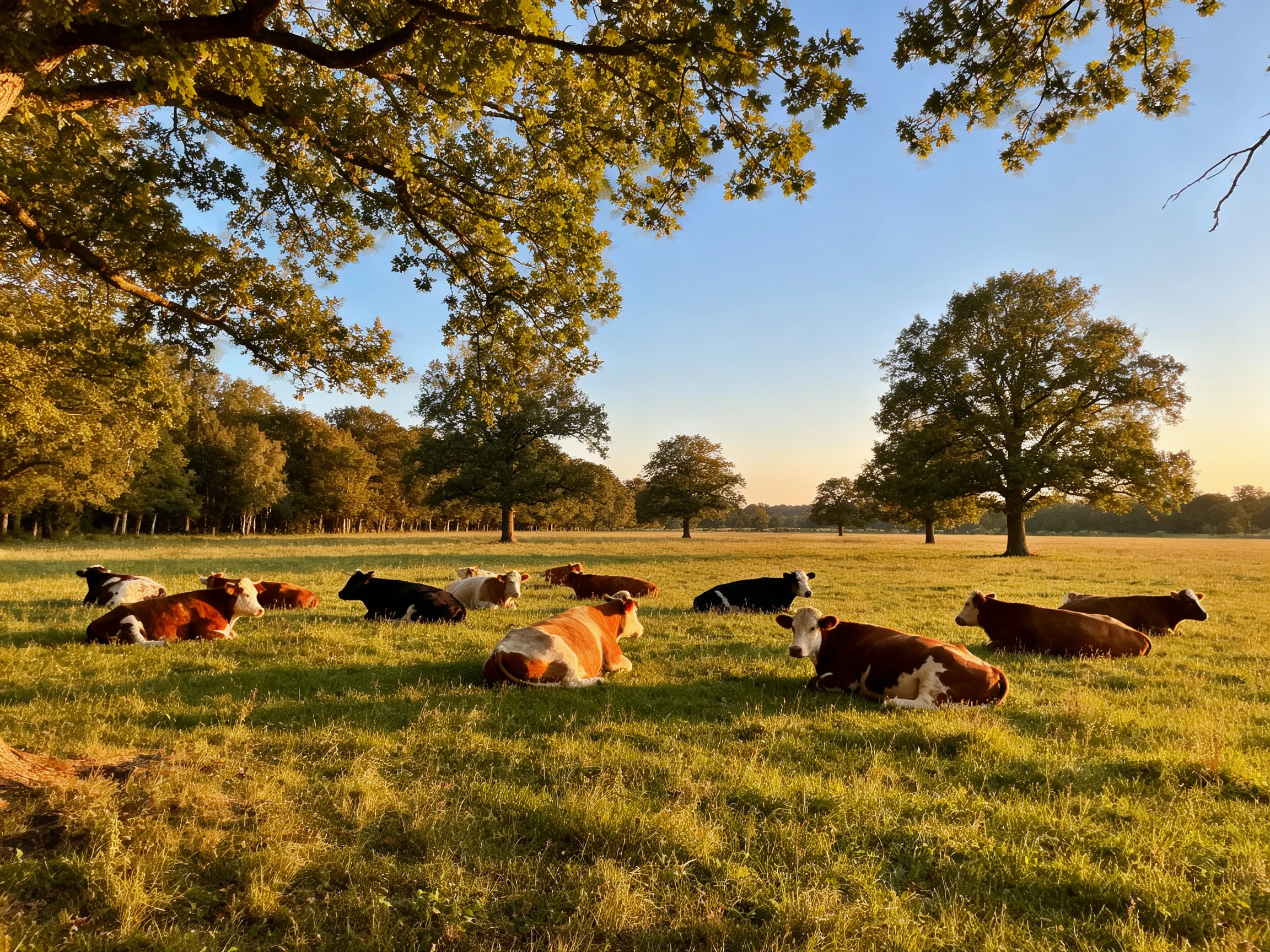 A group of multicolored cows rests in a sunlit open field with tall trees