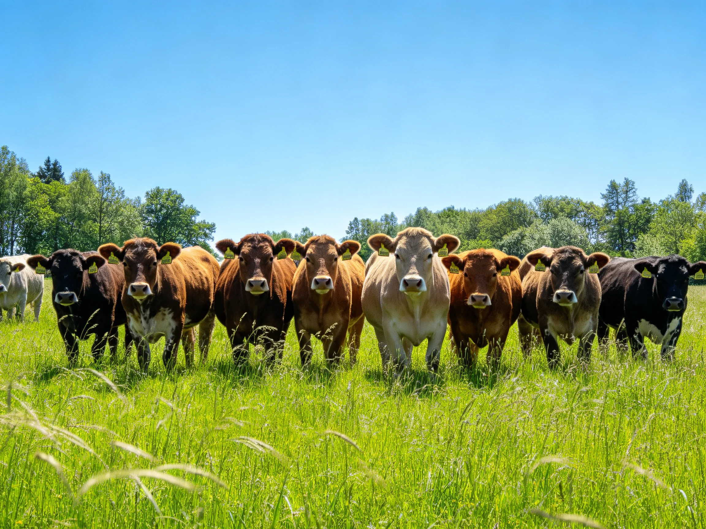 A group of multicolored cows stands in a sunlit green meadow