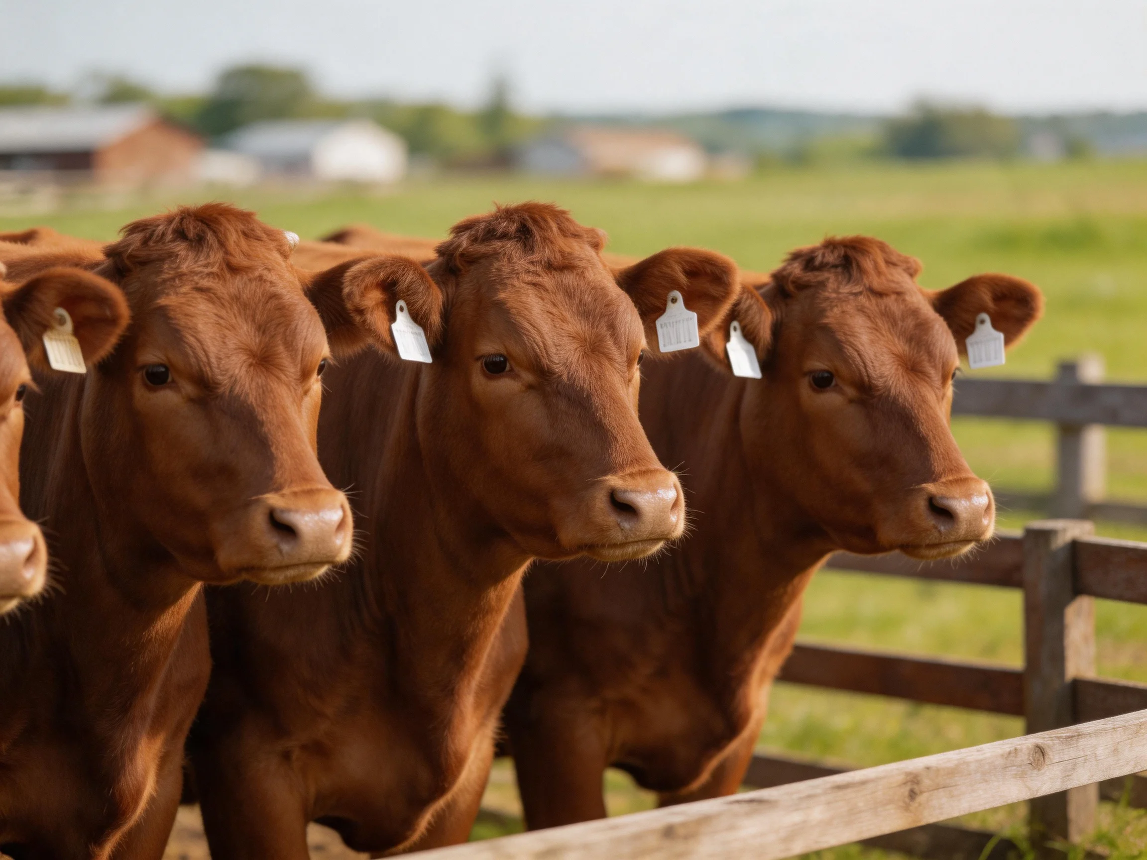 A group of reddish-brown cattle near a wooden fence in a green pasture