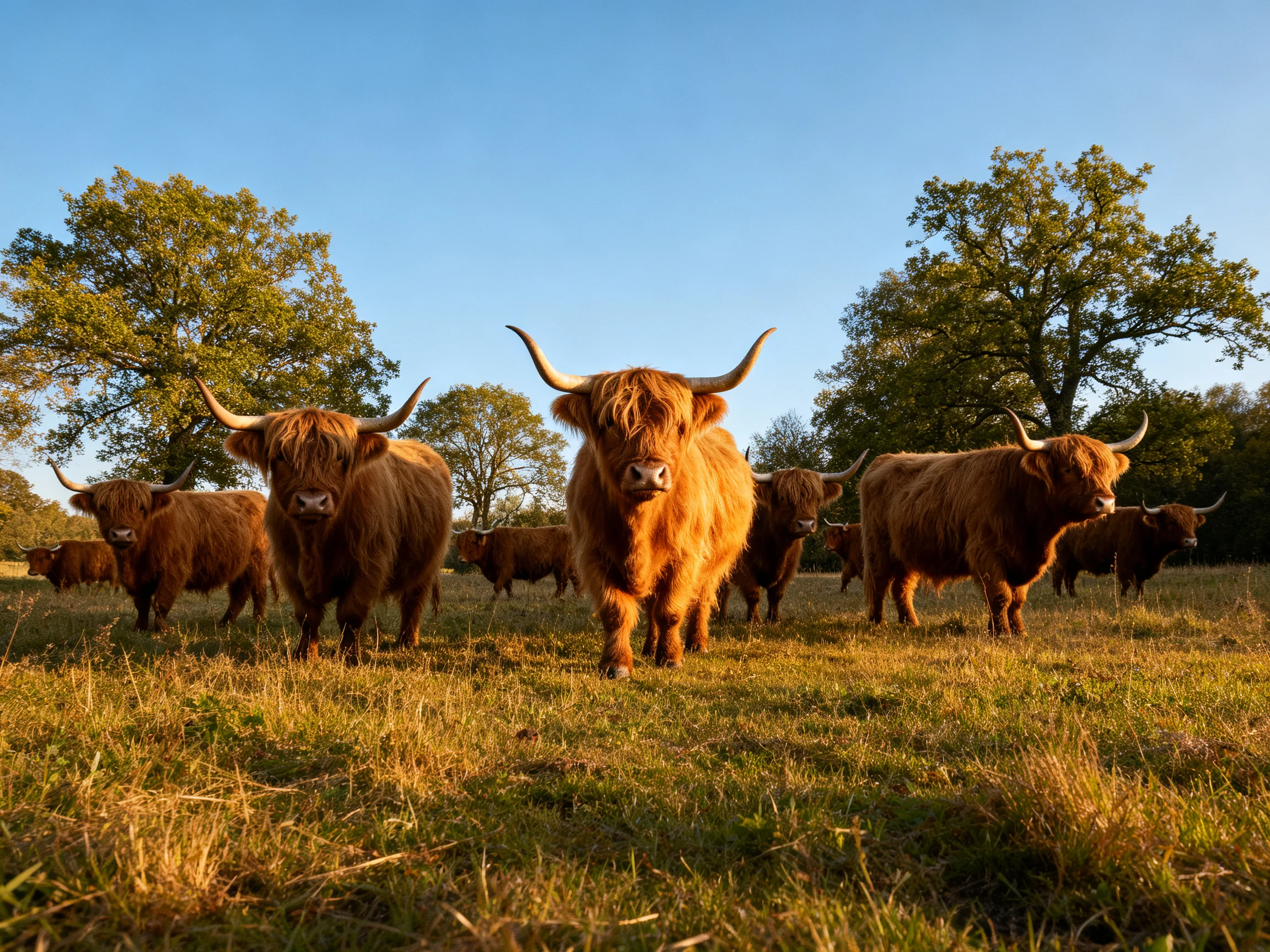A group of shaggy brown Highland cattle in a sunlit grassy field