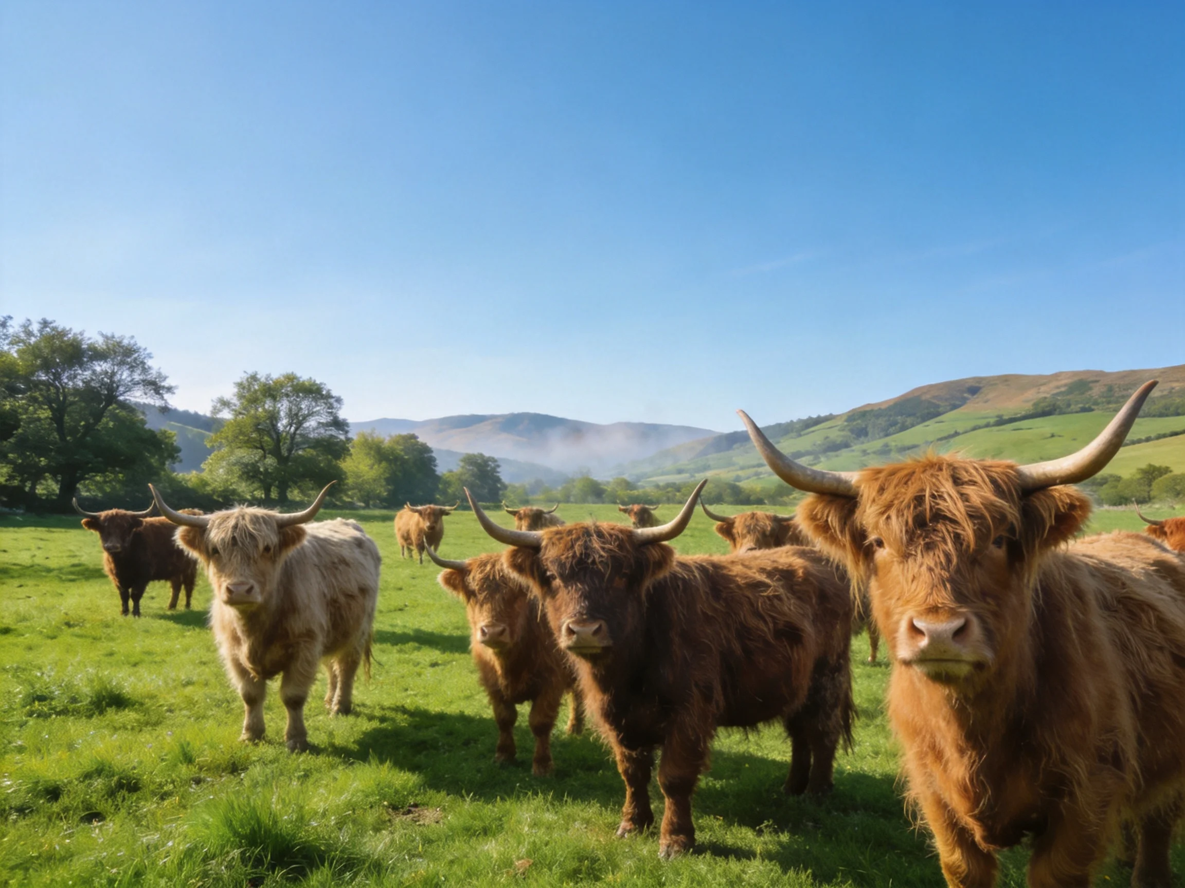 A group of shaggy brown and white Highland cattle in a lush green meadow
