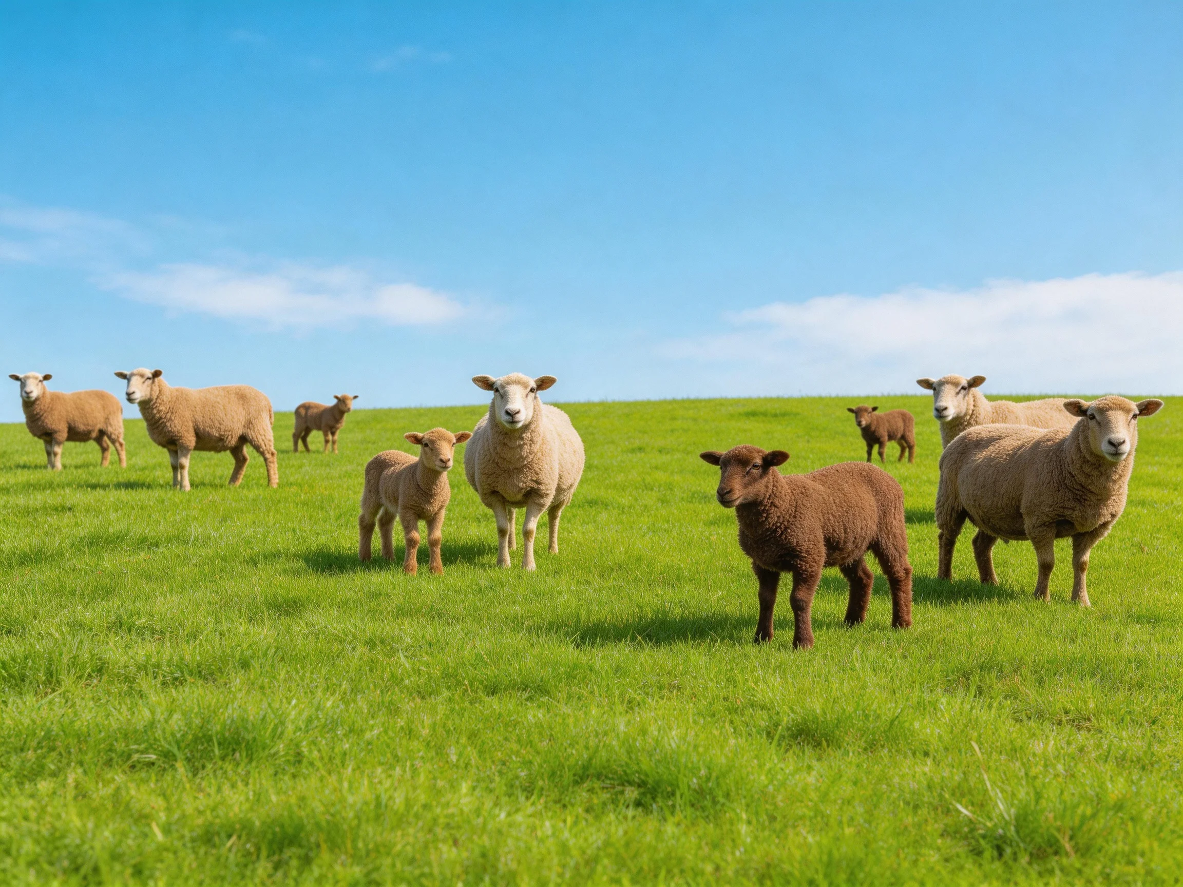 A group of sheep in a lush green pasture under a clear blue sky