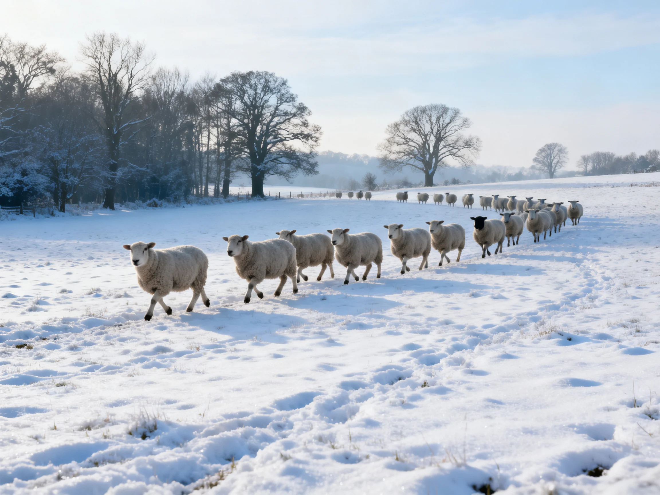 A group of sheep runs through a snow-covered field with frosty trees