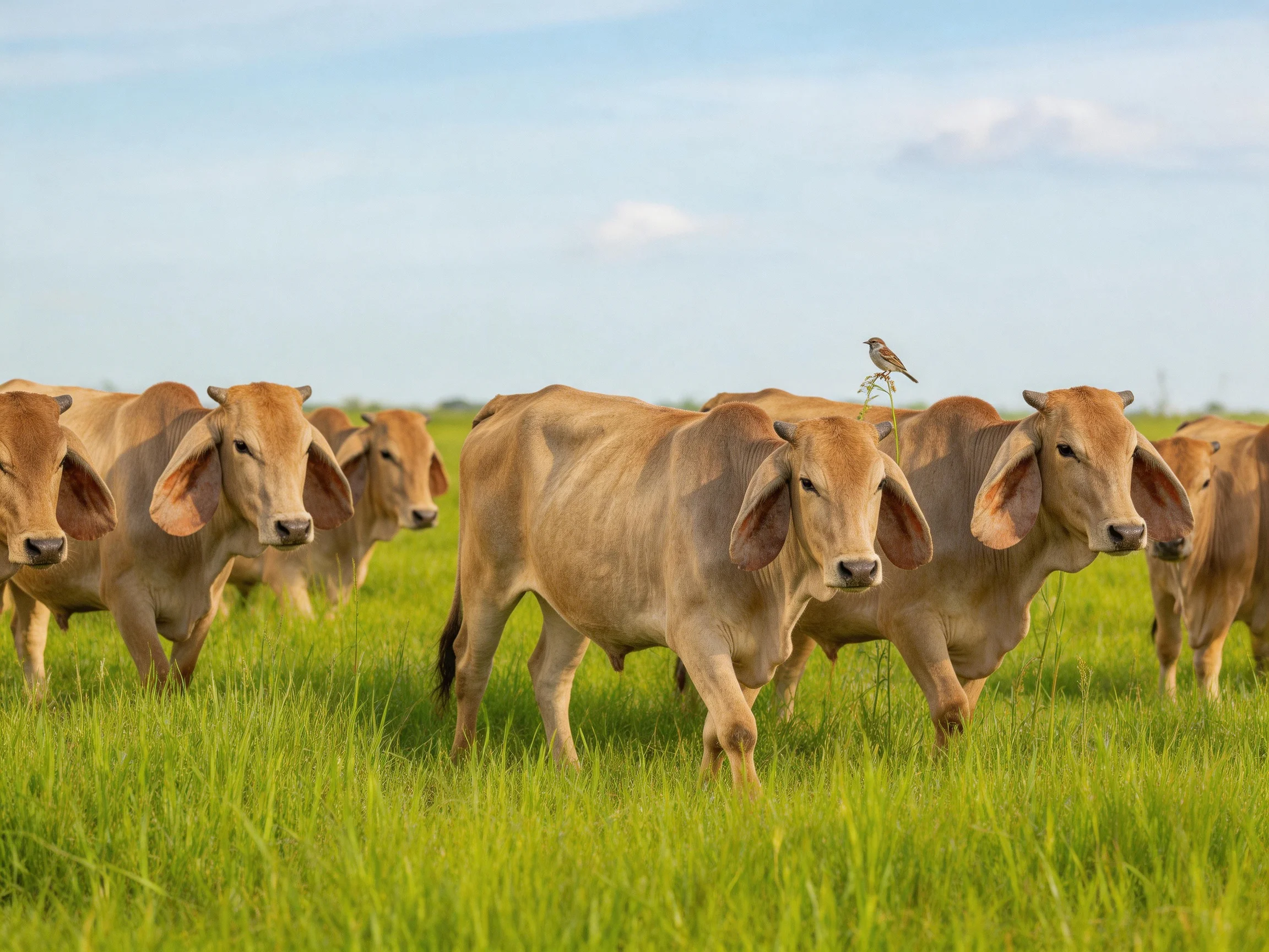 A group of tan cattle graze in a lush green meadow with a small bird
