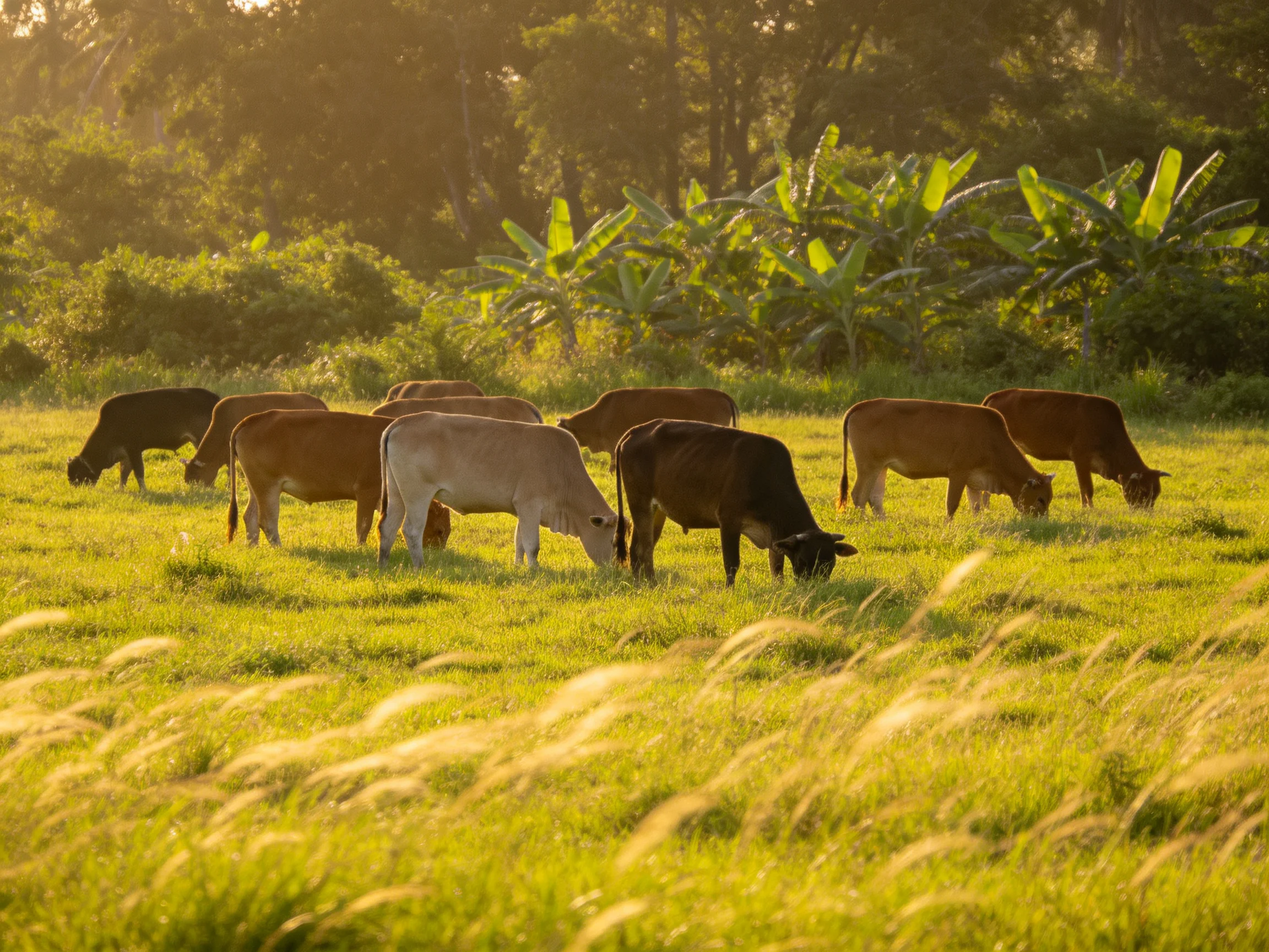 A group of ten cattle grazing in a sunlit green pasture with tropical vegetation
