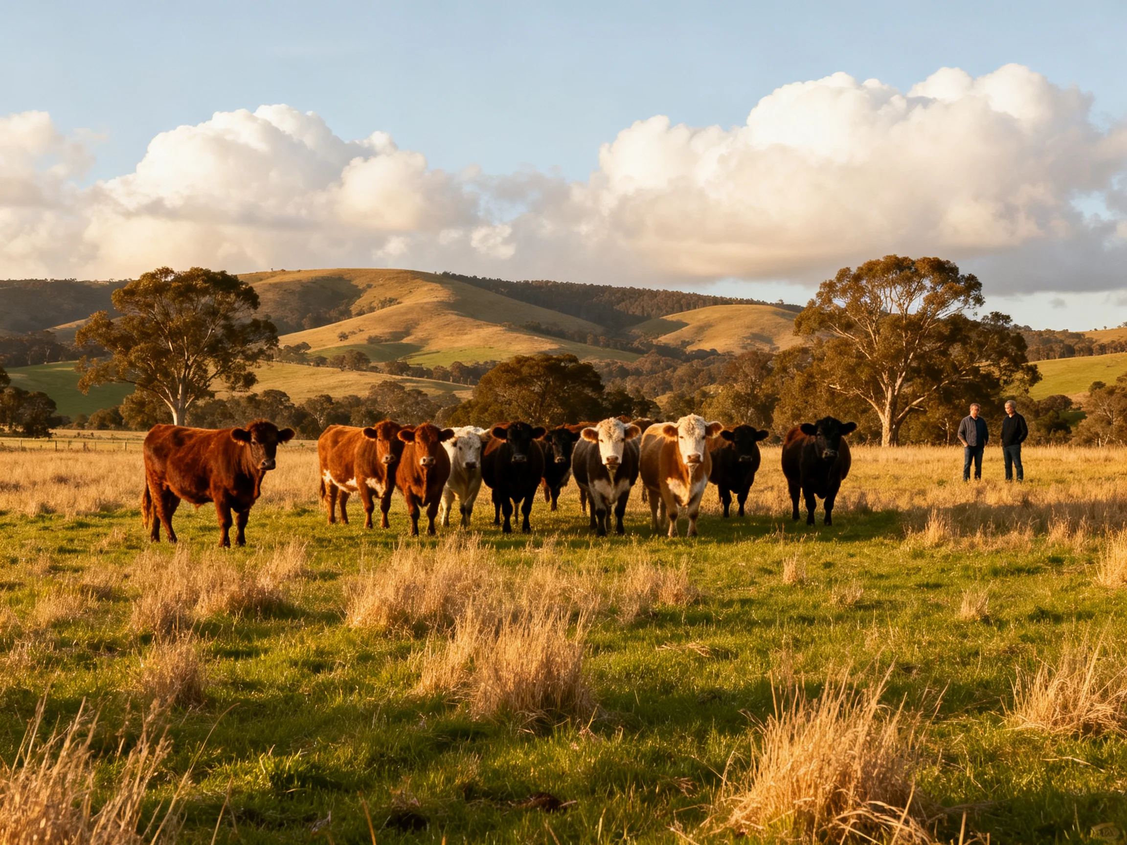 A group of ten cattle with varied colors in a golden pasture