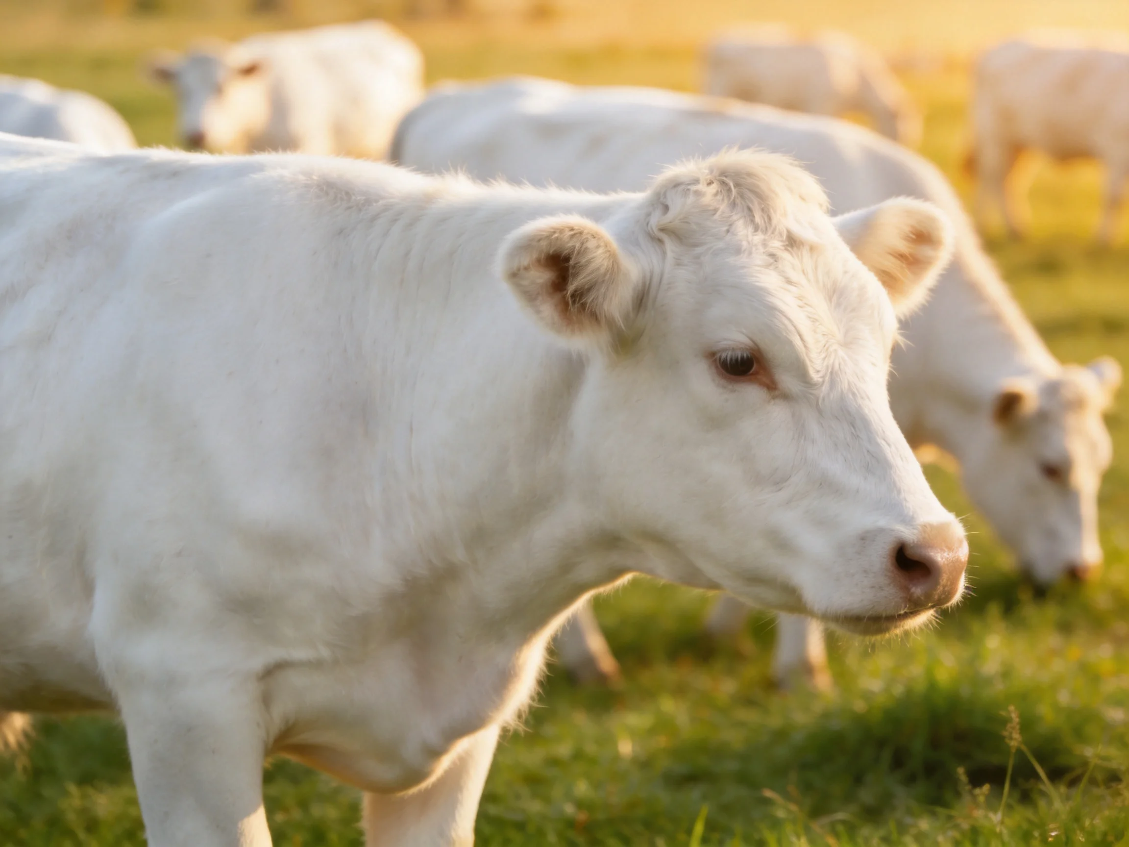 A group of white calves graze in a sunlit green pasture