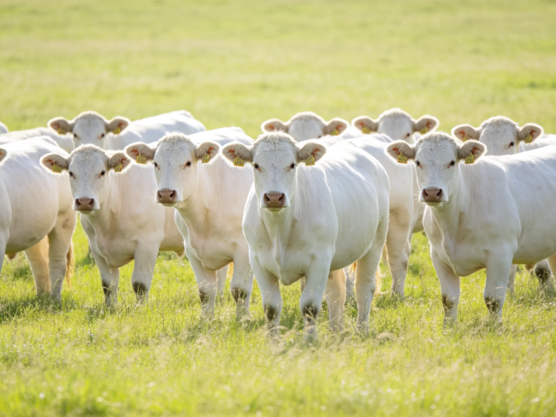 A group of white cattle gathered in a sunlit green pasture
