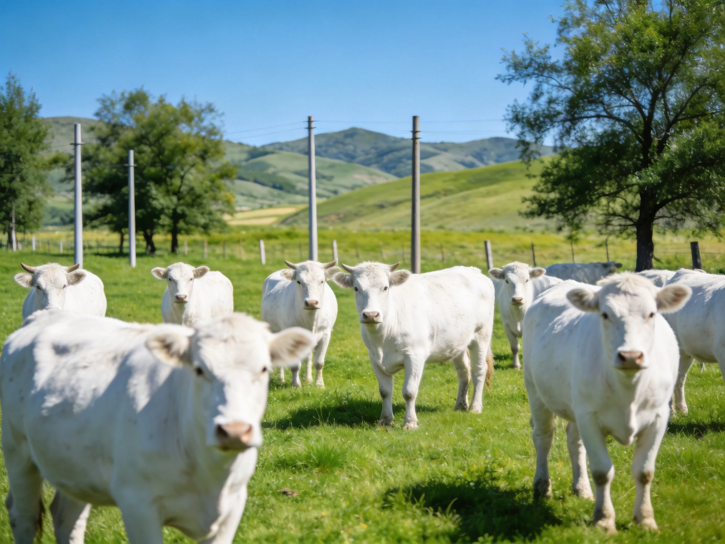 A group of white cattle grazing in a lush green pasture