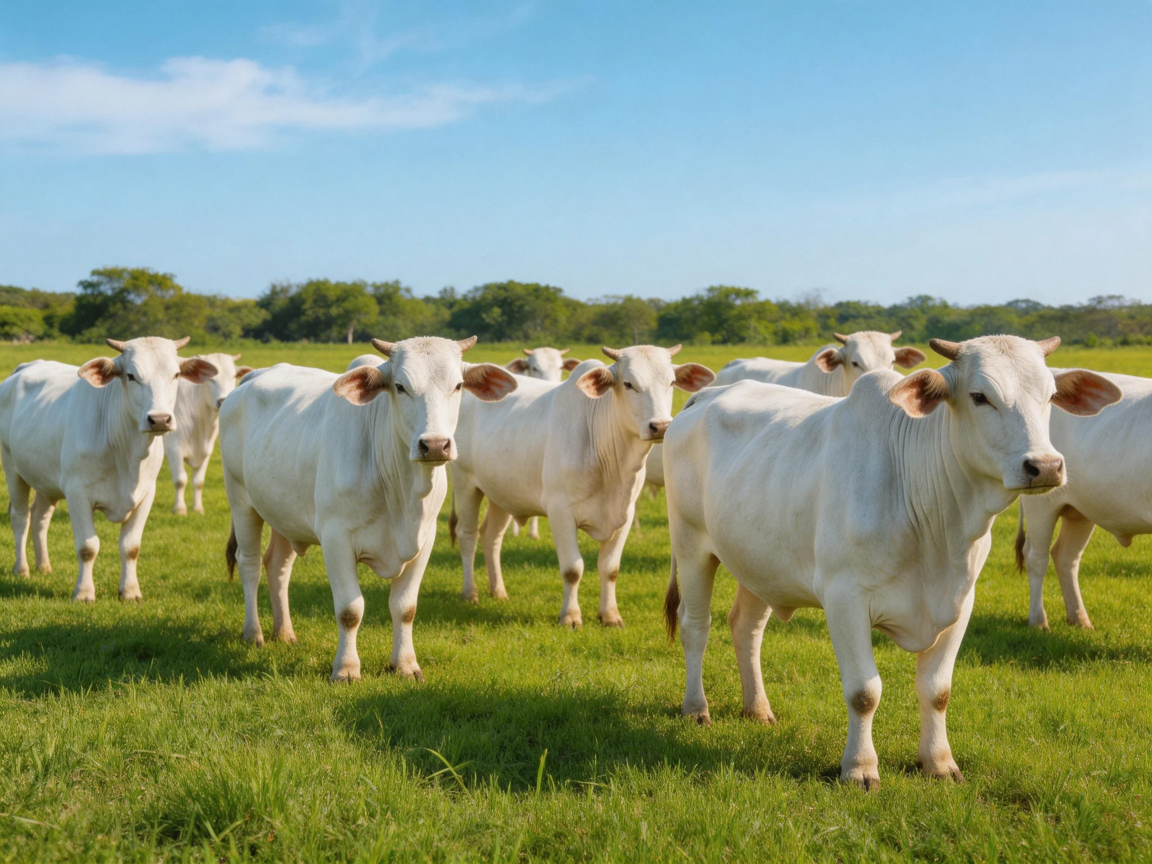A group of white cattle grazing in a lush green pasture