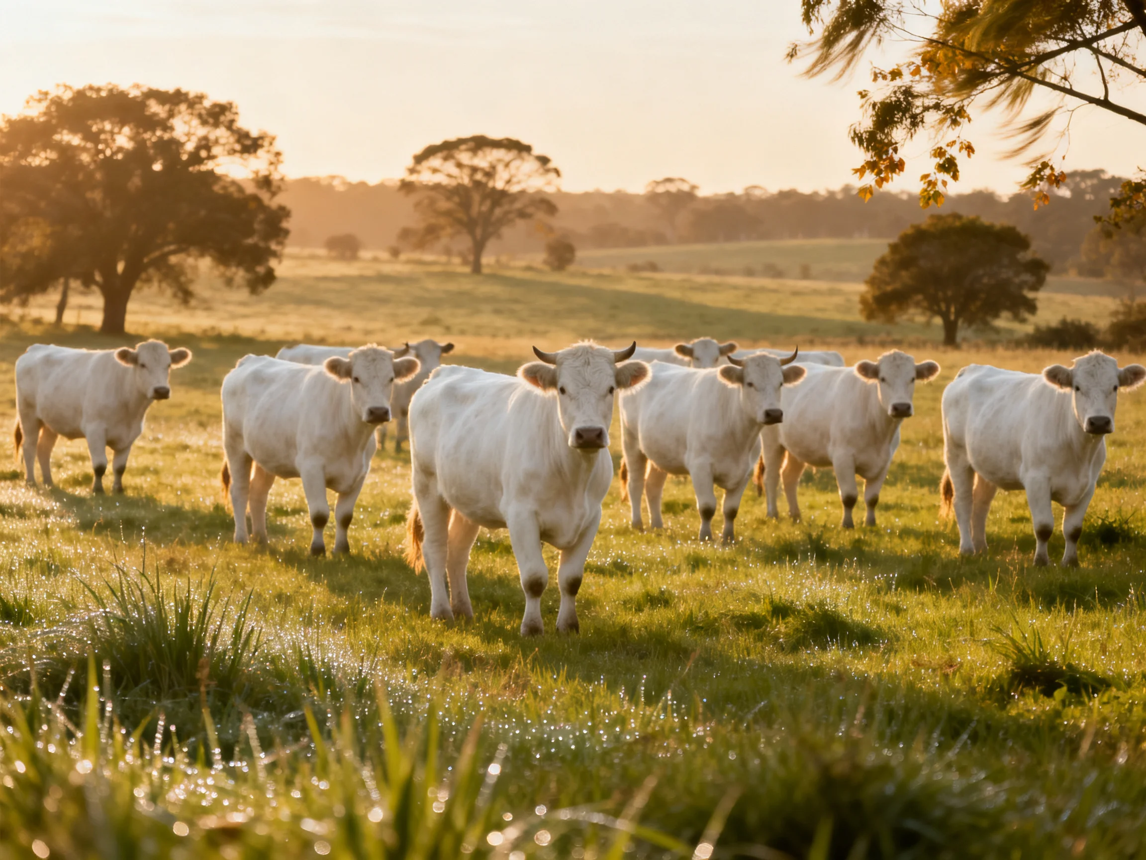 A group of white cattle grazing in a sunlit green pasture