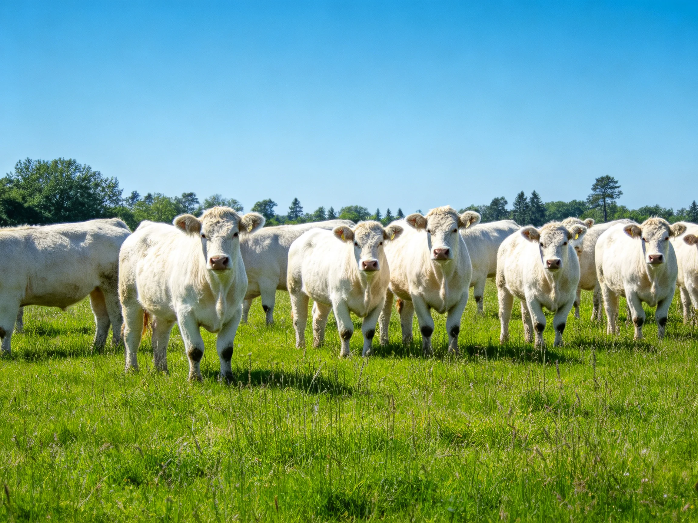 A group of white cattle in a lush green pasture under clear blue sky