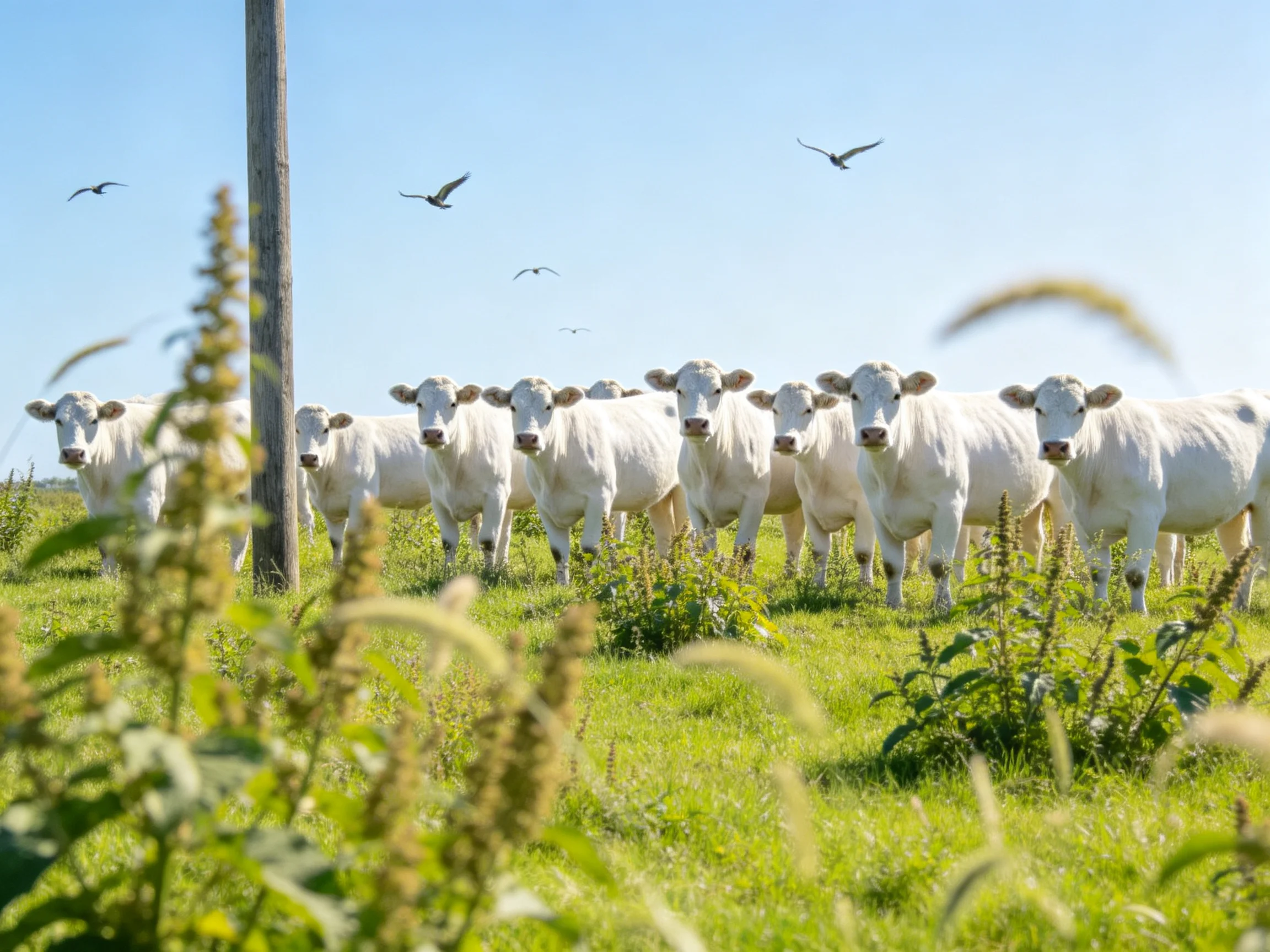 A group of white cattle in a lush green pasture with flying birds
