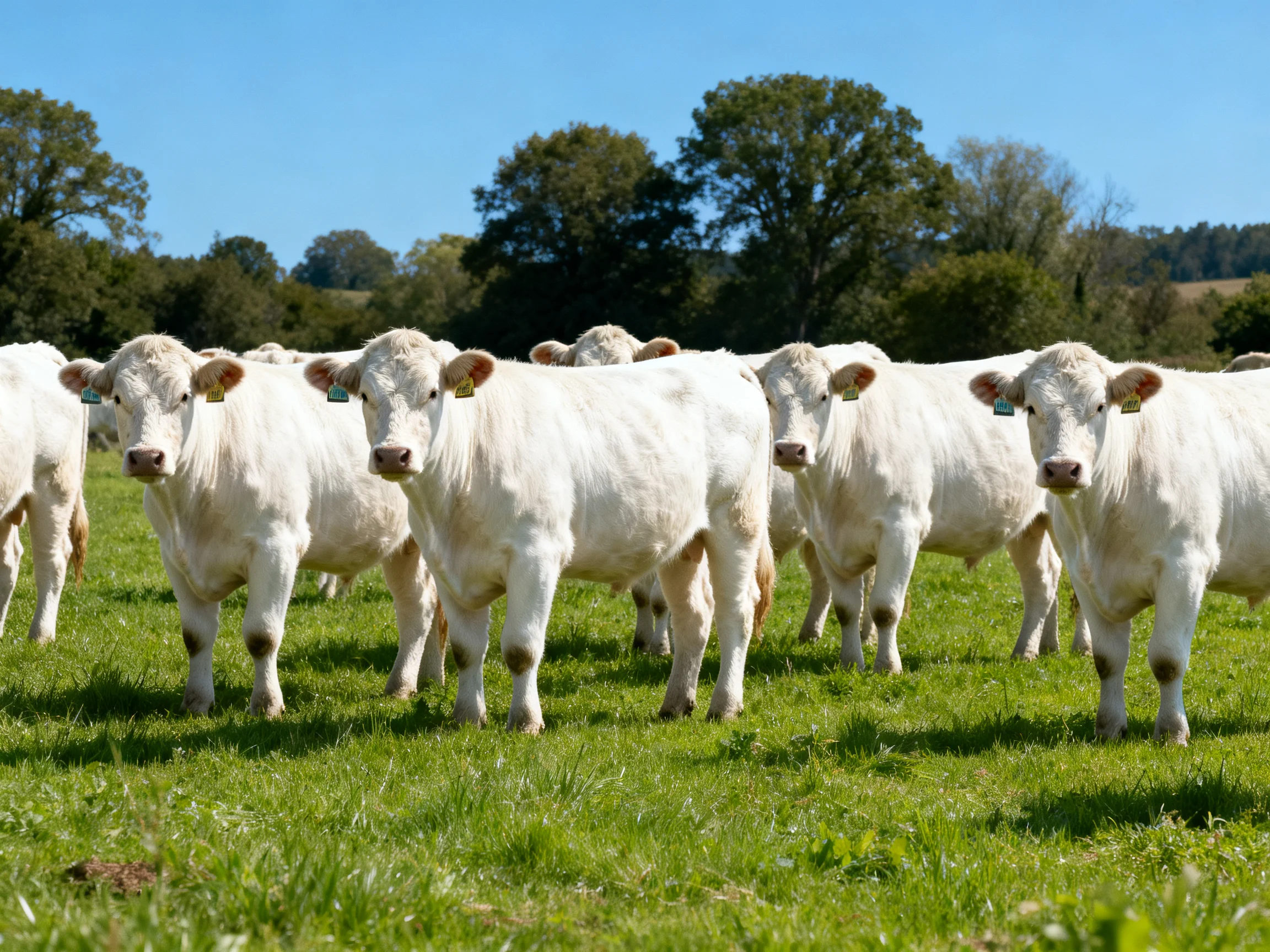 A group of white cattle standing in a sunlit green pasture