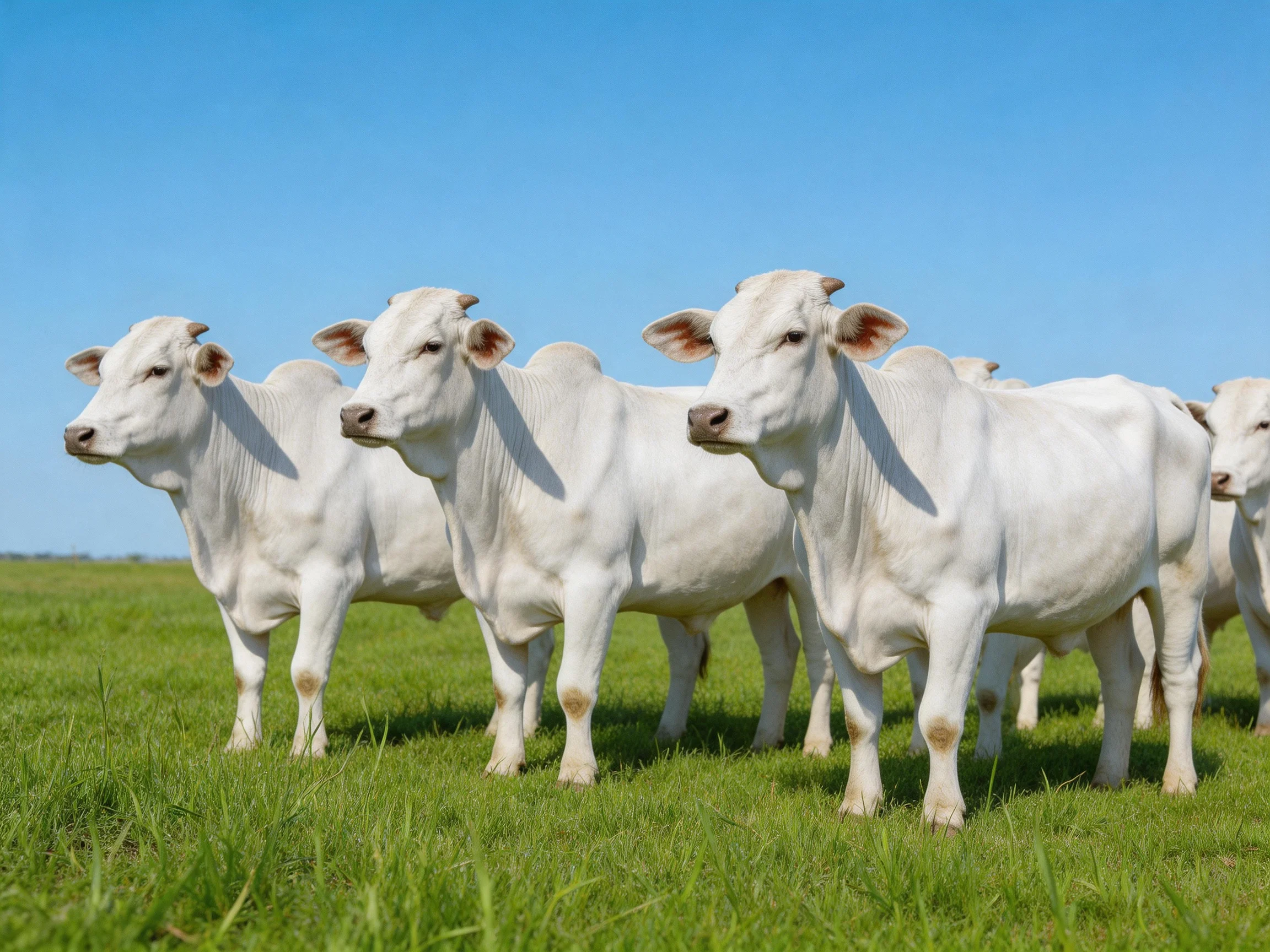 A group of white cattle stands in a vibrant green meadow under bright blue sky