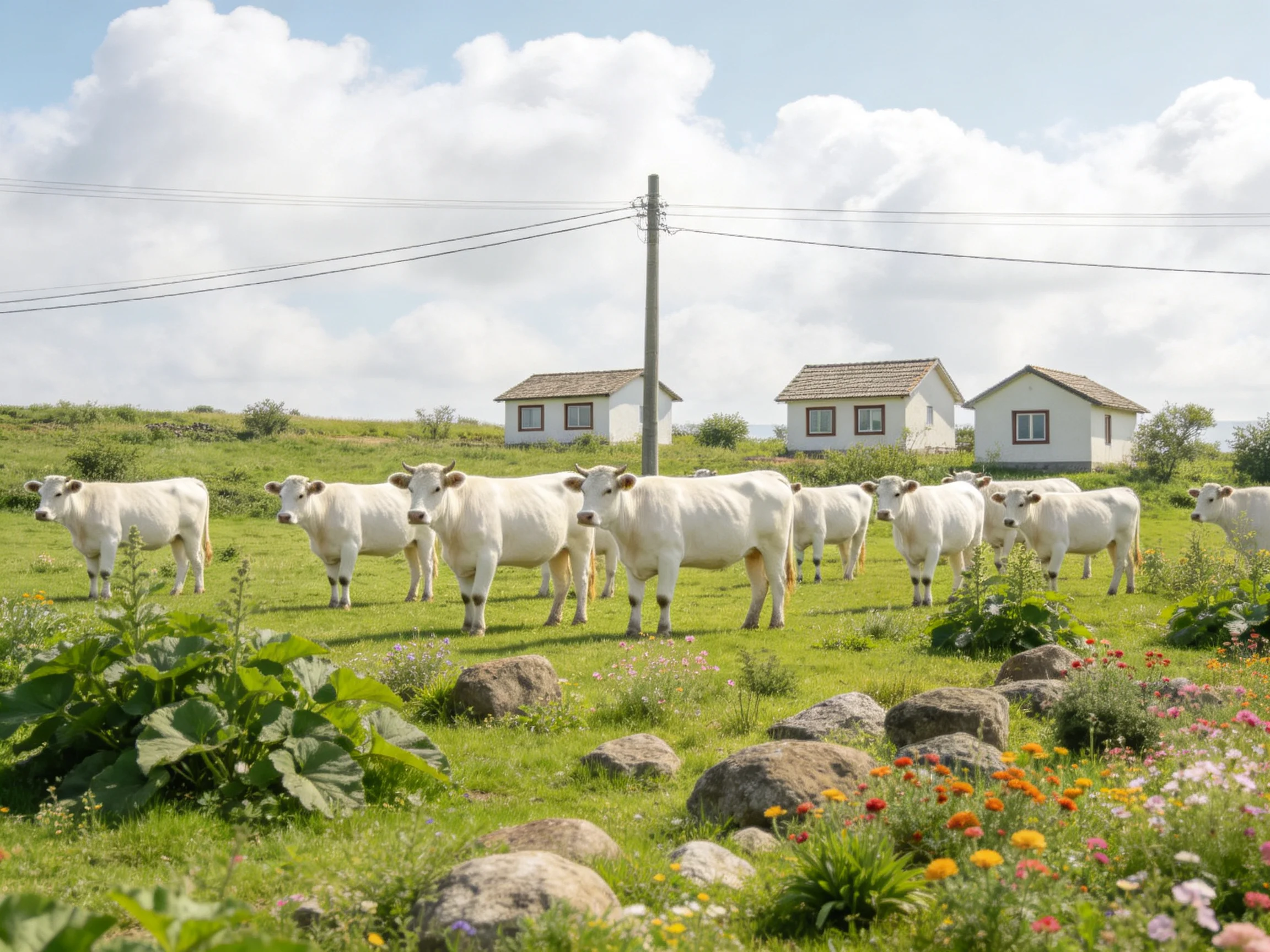 A group of white cows grazing near three small houses