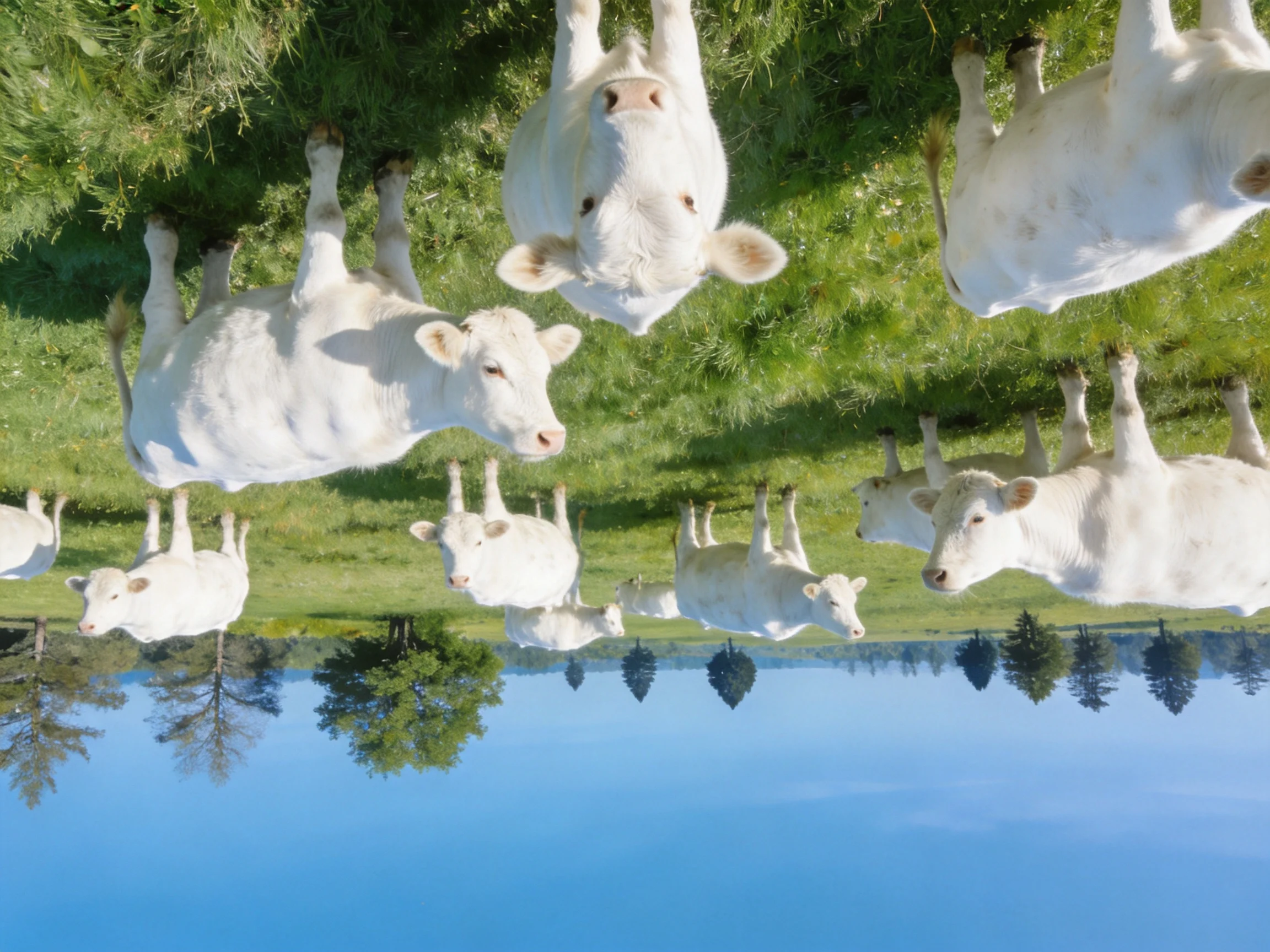 White cows gather in a green pasture near reflective water.