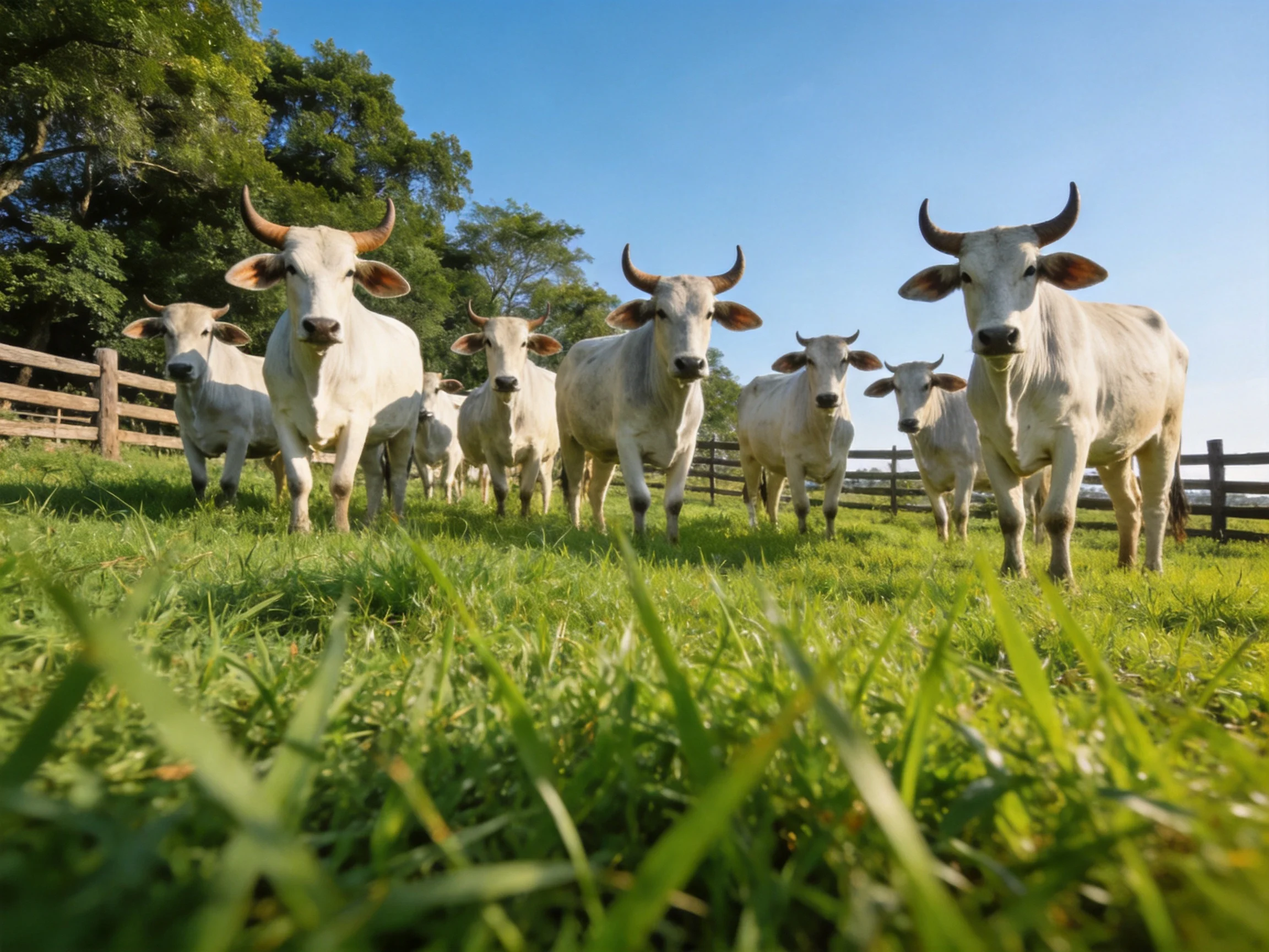 A group of white horned cattle in a lush green pasture near a wooden fence